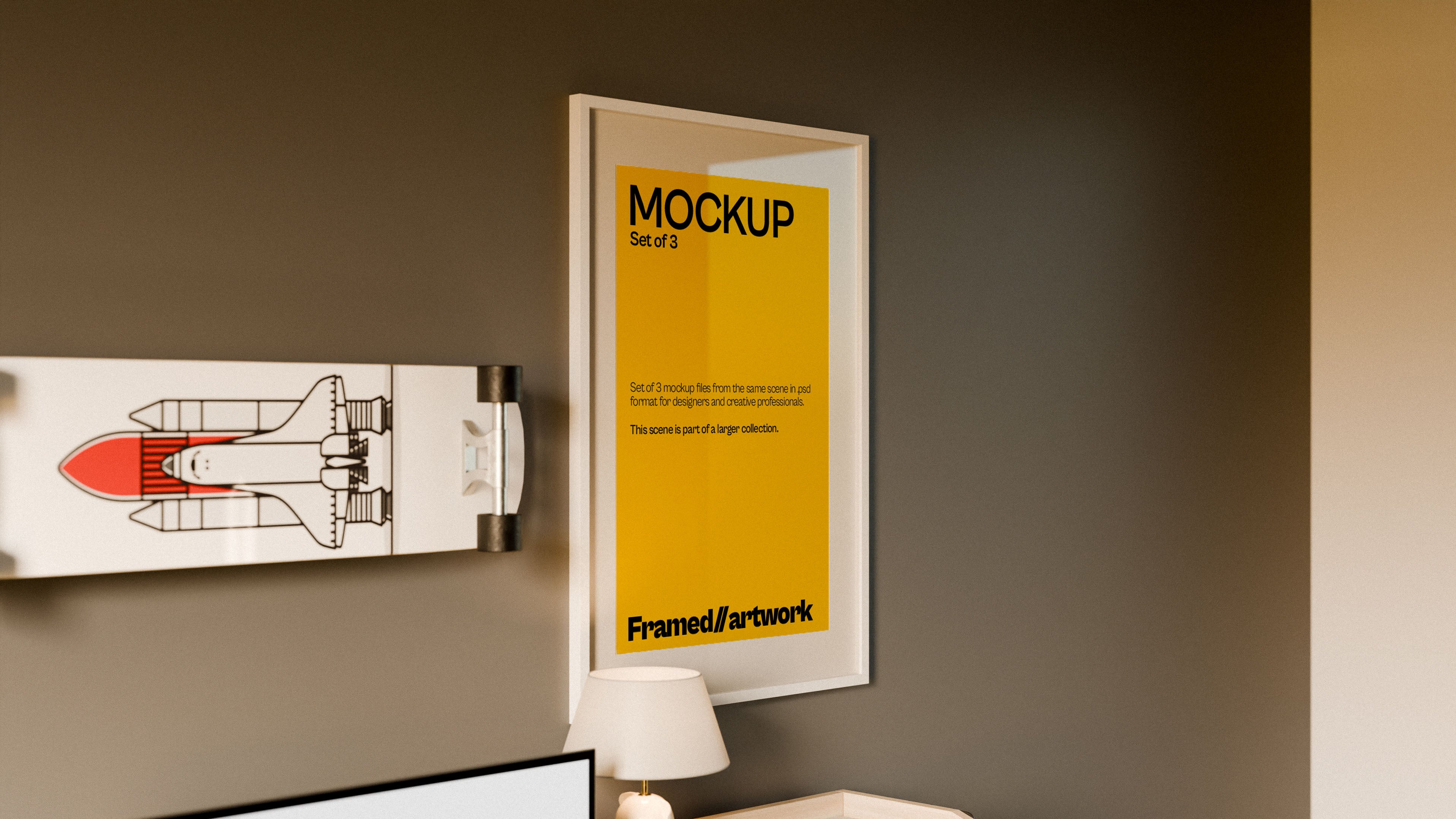Framed Artwork Mockup Bundle – 3 PSDs in Sunlit Wall Scene | Waves and Wheels Collection