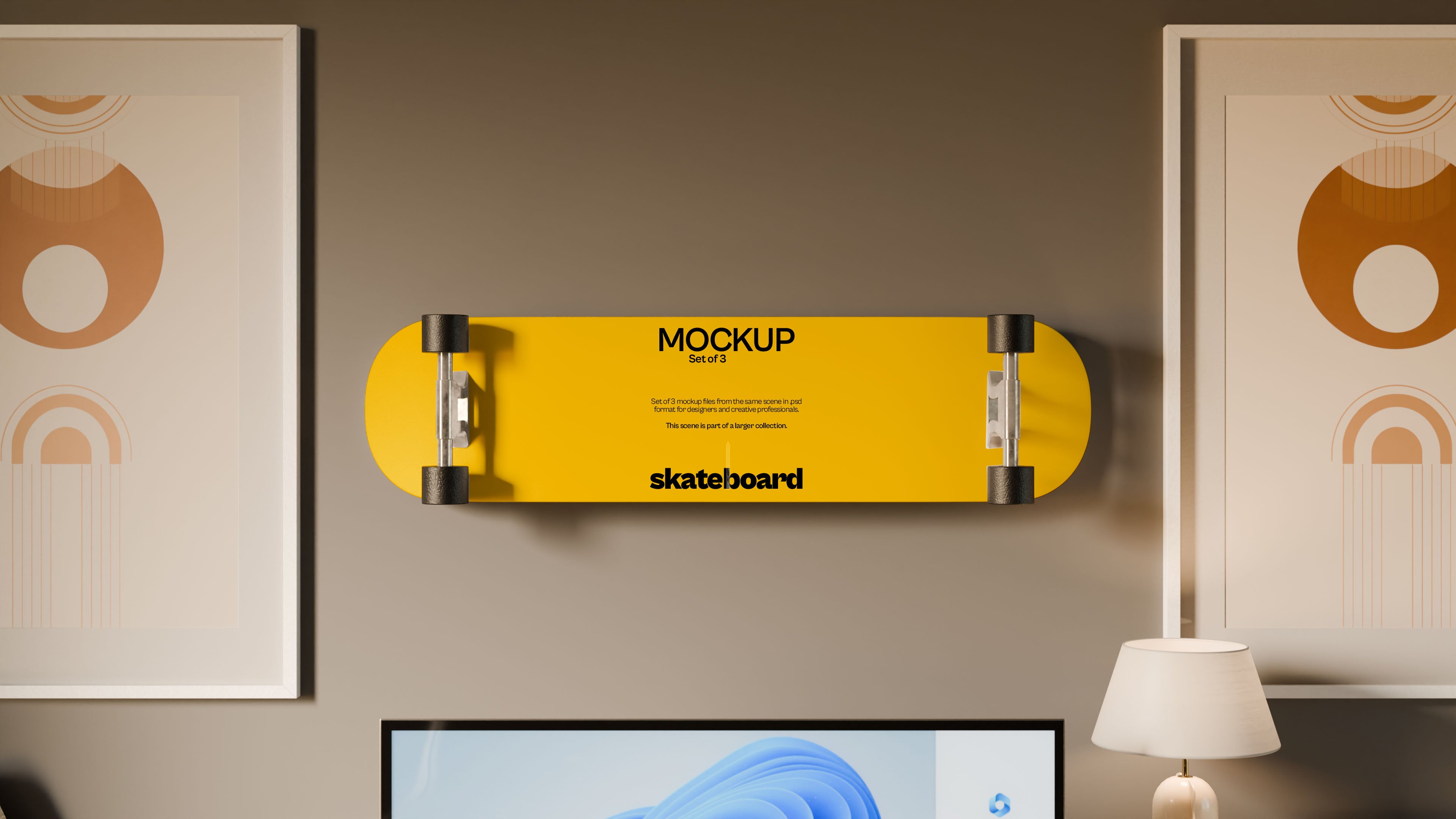 Skateboard Mockup Bundle – 3 PSDs Wall-Mounted in Lifestyle Interior | Waves and Wheels Collection