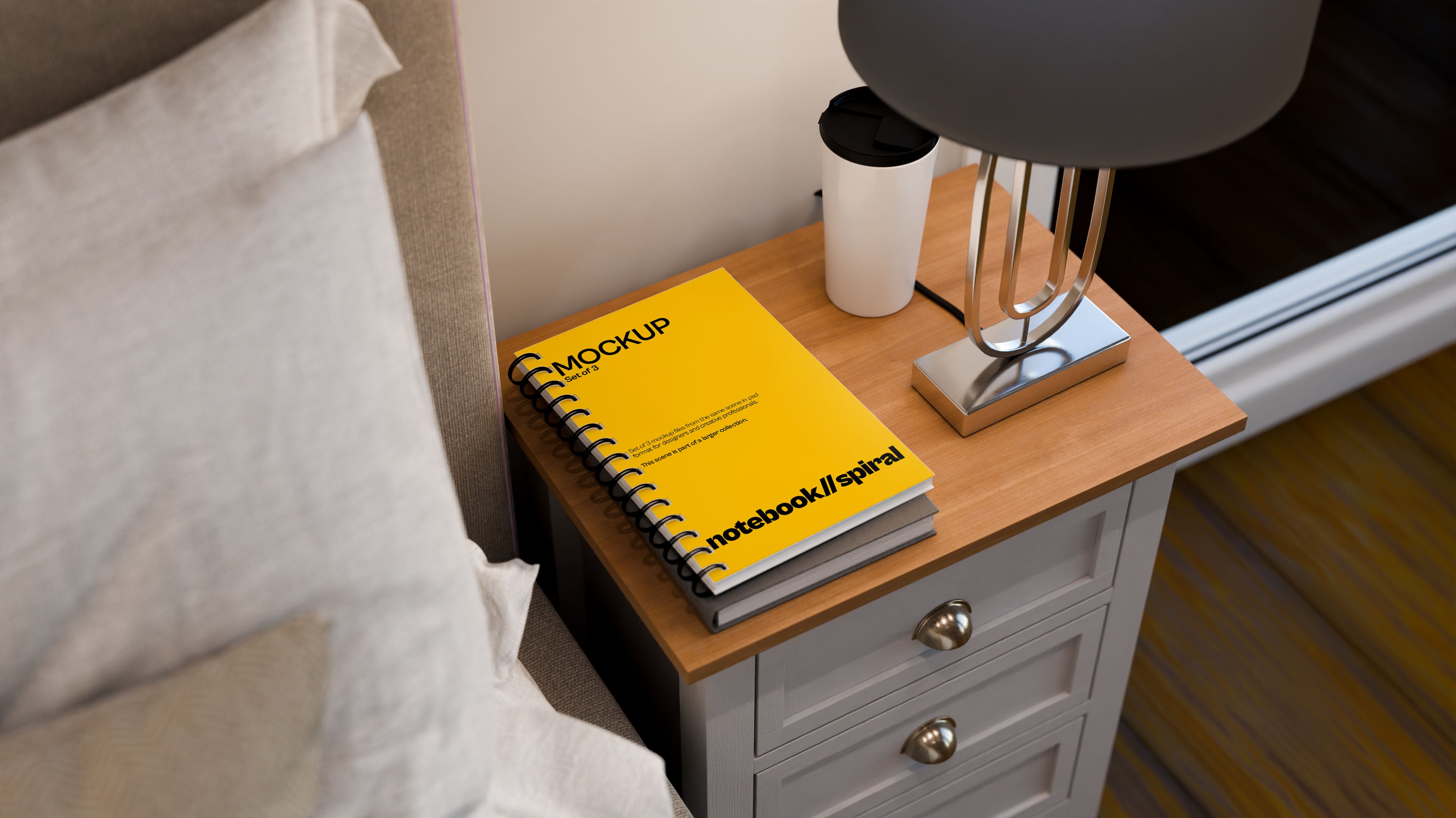 Sublimation Spiral Notebook Mockup Bundle – 3 PSDs in Soft Minimal Scene | Elysian Collection