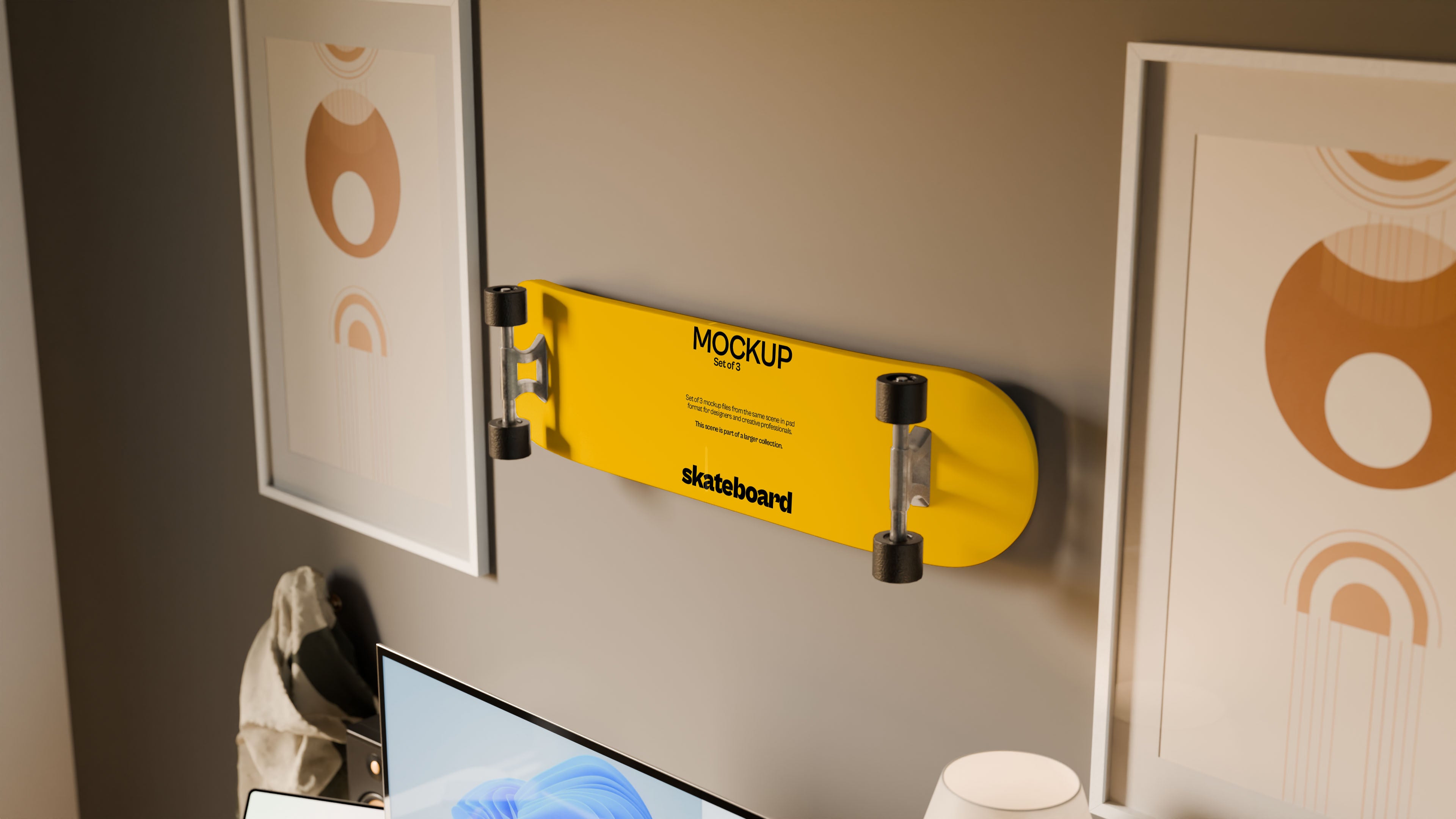 Skateboard Mockup Bundle – 3 PSDs Wall-Mounted in Lifestyle Interior | Waves and Wheels Collection
