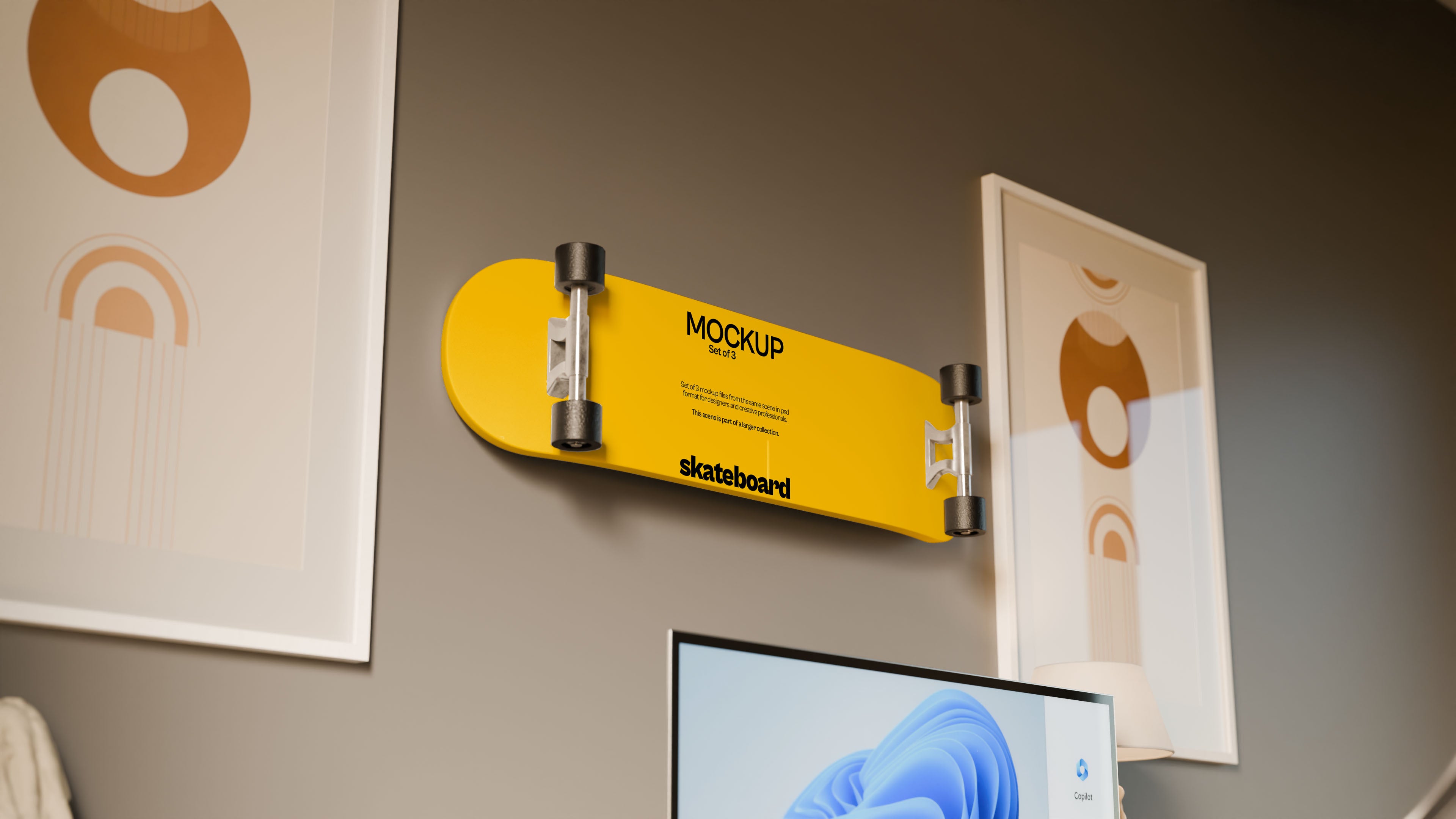 Skateboard Mockup Bundle – 3 PSDs Wall-Mounted in Lifestyle Interior | Waves and Wheels Collection