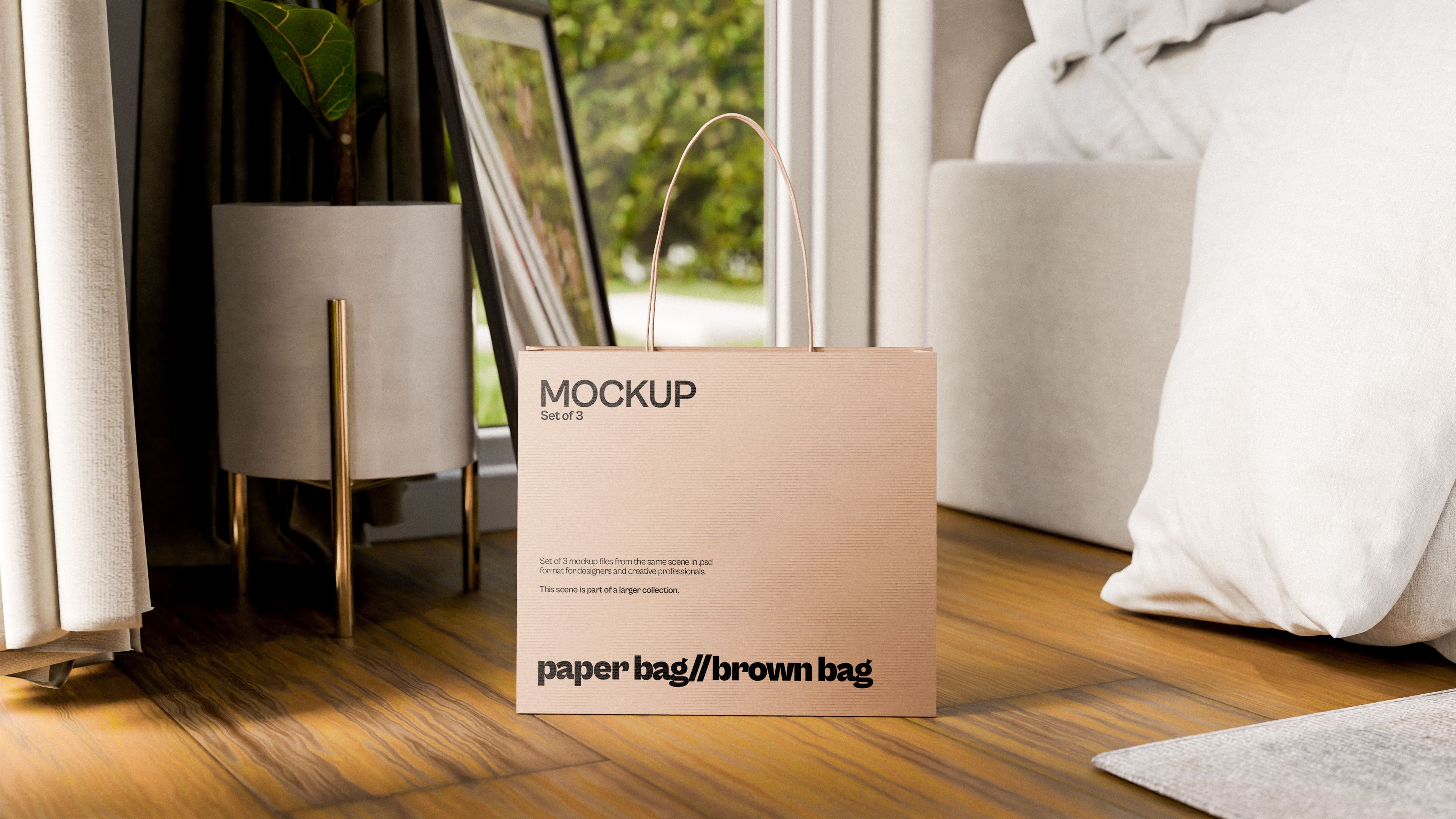 Brown Paper Bag Mockup Bundle – 3 PSDs in Soft Minimal Scene | Elysian Collection