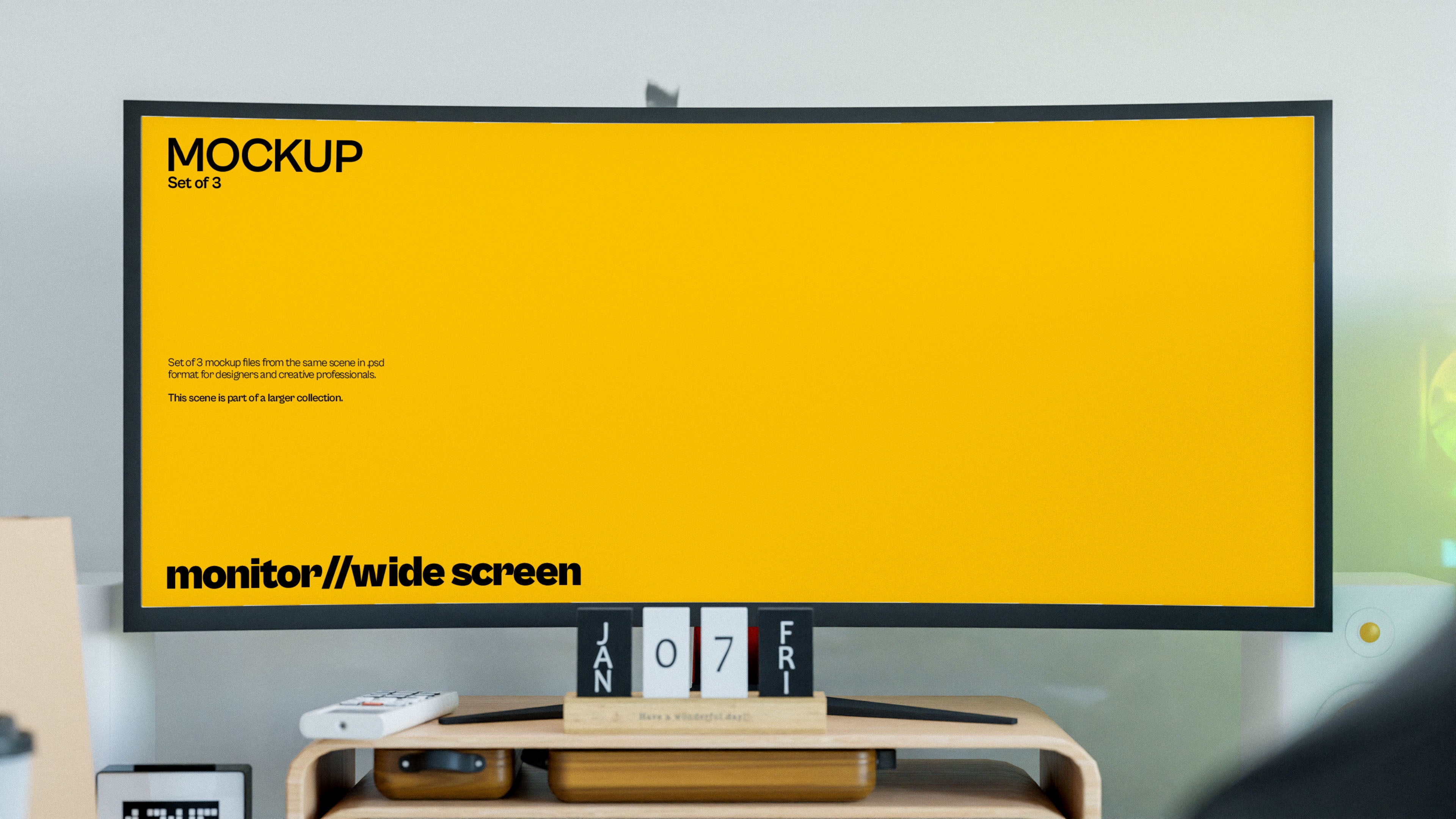 Widescreen Gaming Monitor Mockup Bundle – 3 PSDs in Bright Minimal Scene | Lumen Collection