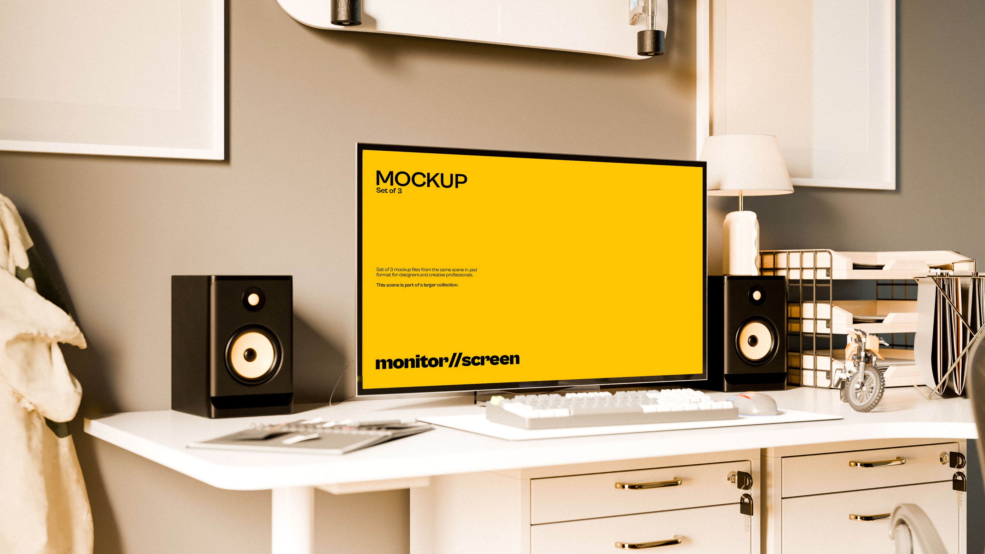 iMac Screen Mockup Bundle – 3 PSDs in Sunlit Coastal Workspace | Waves and Wheels Collection