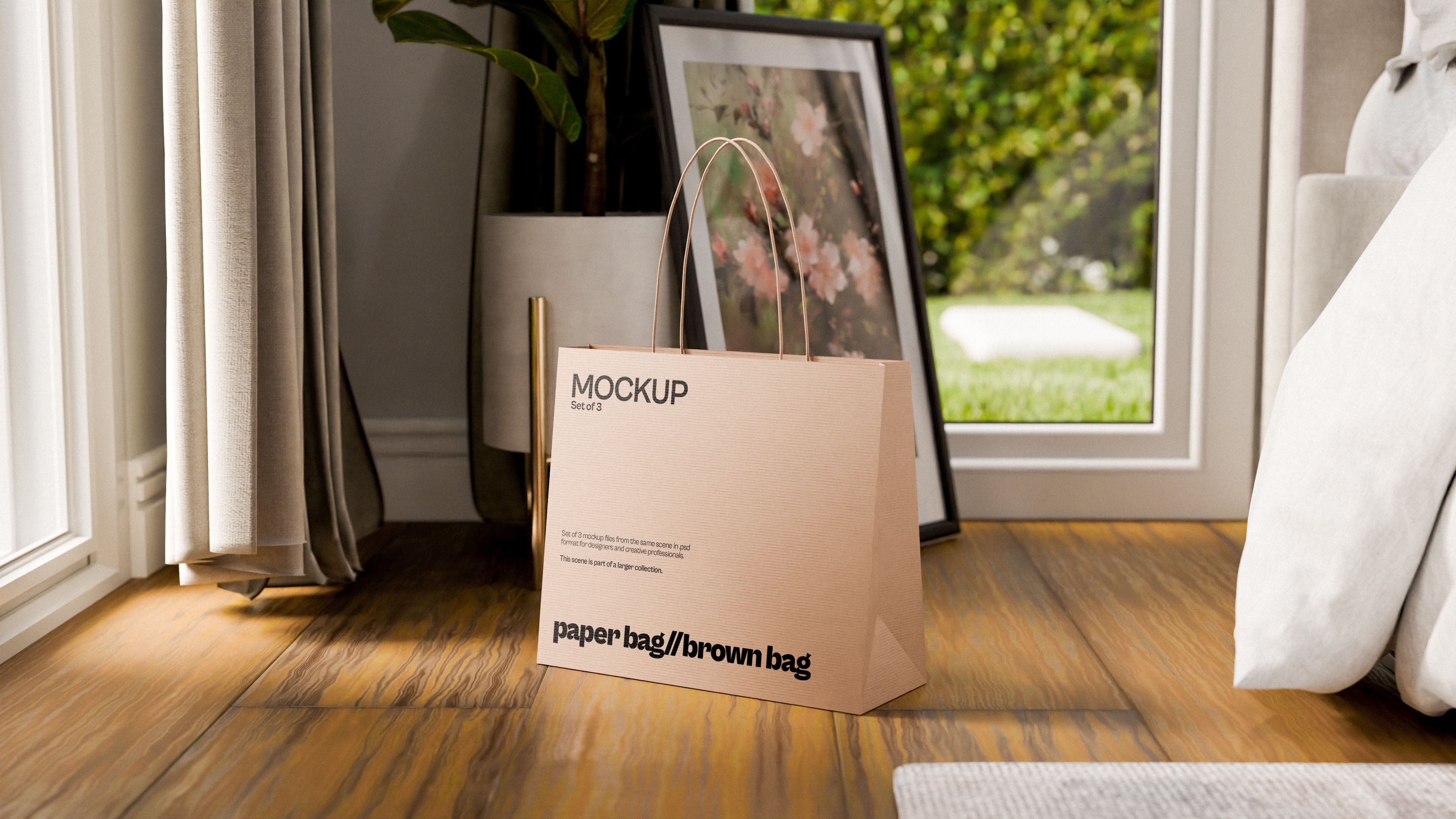 Brown Paper Bag Mockup Bundle – 3 PSDs in Soft Minimal Scene | Elysian Collection