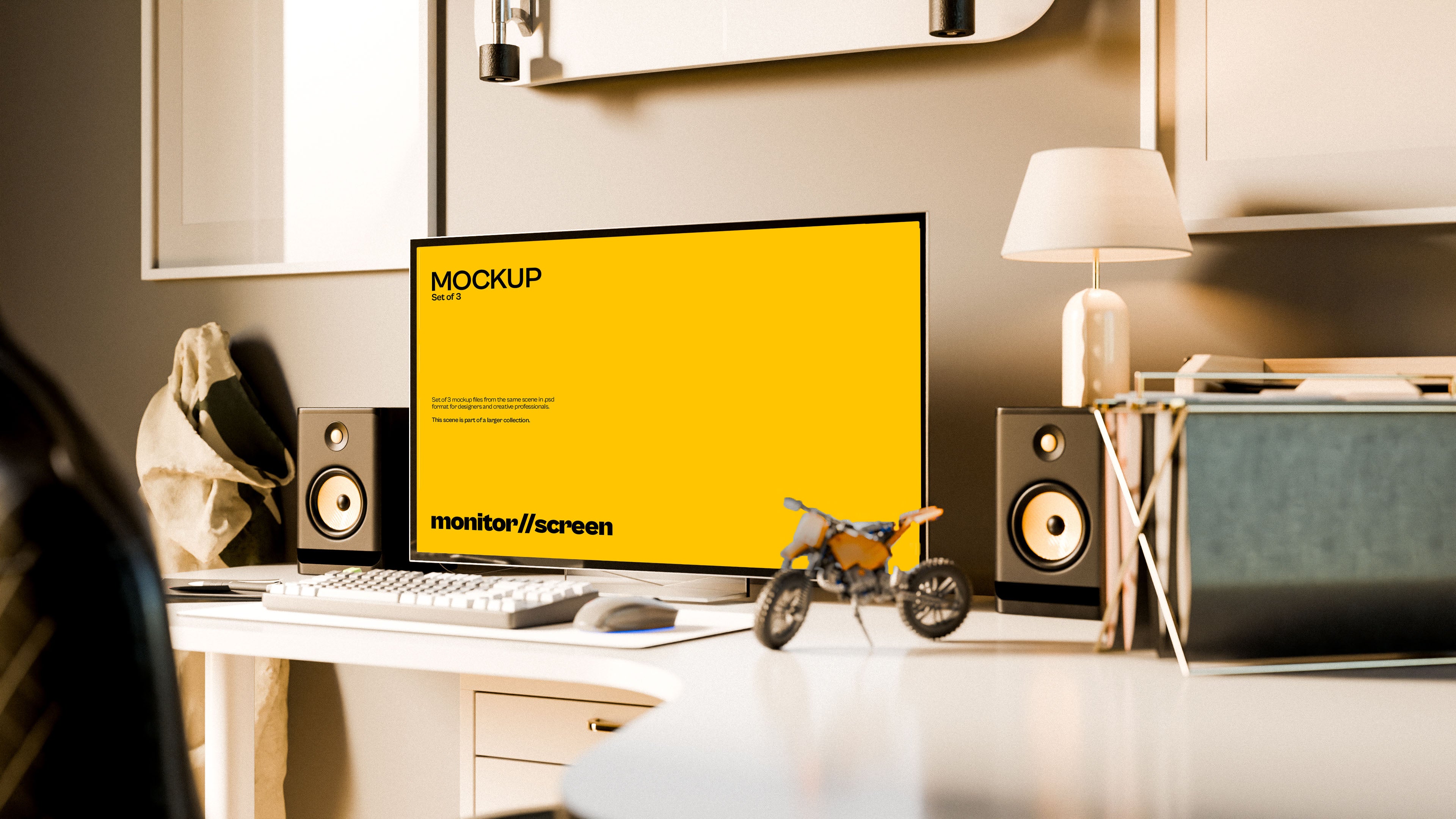iMac Screen Mockup Bundle – 3 PSDs in Sunlit Coastal Workspace | Waves and Wheels Collection