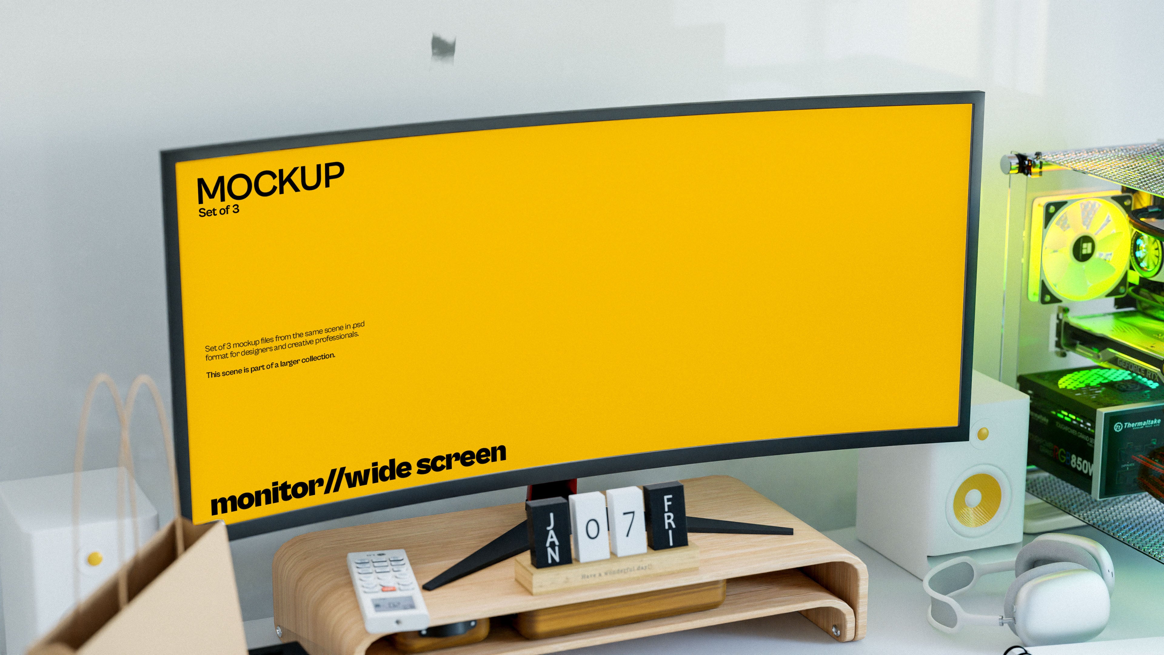 Widescreen Gaming Monitor Mockup Bundle – 3 PSDs in Bright Minimal Scene | Lumen Collection