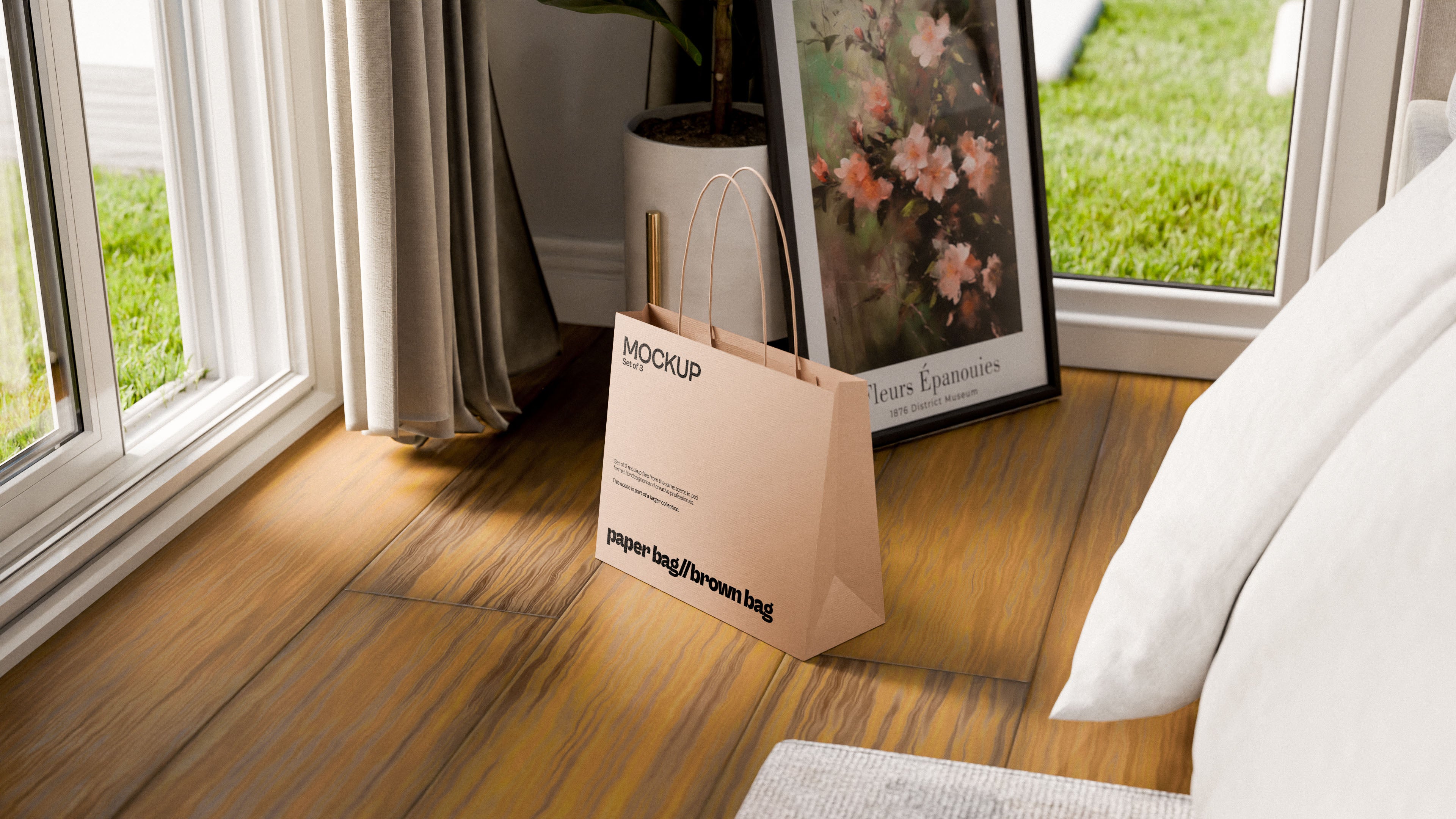 Brown Paper Bag Mockup Bundle – 3 PSDs in Soft Minimal Scene | Elysian Collection