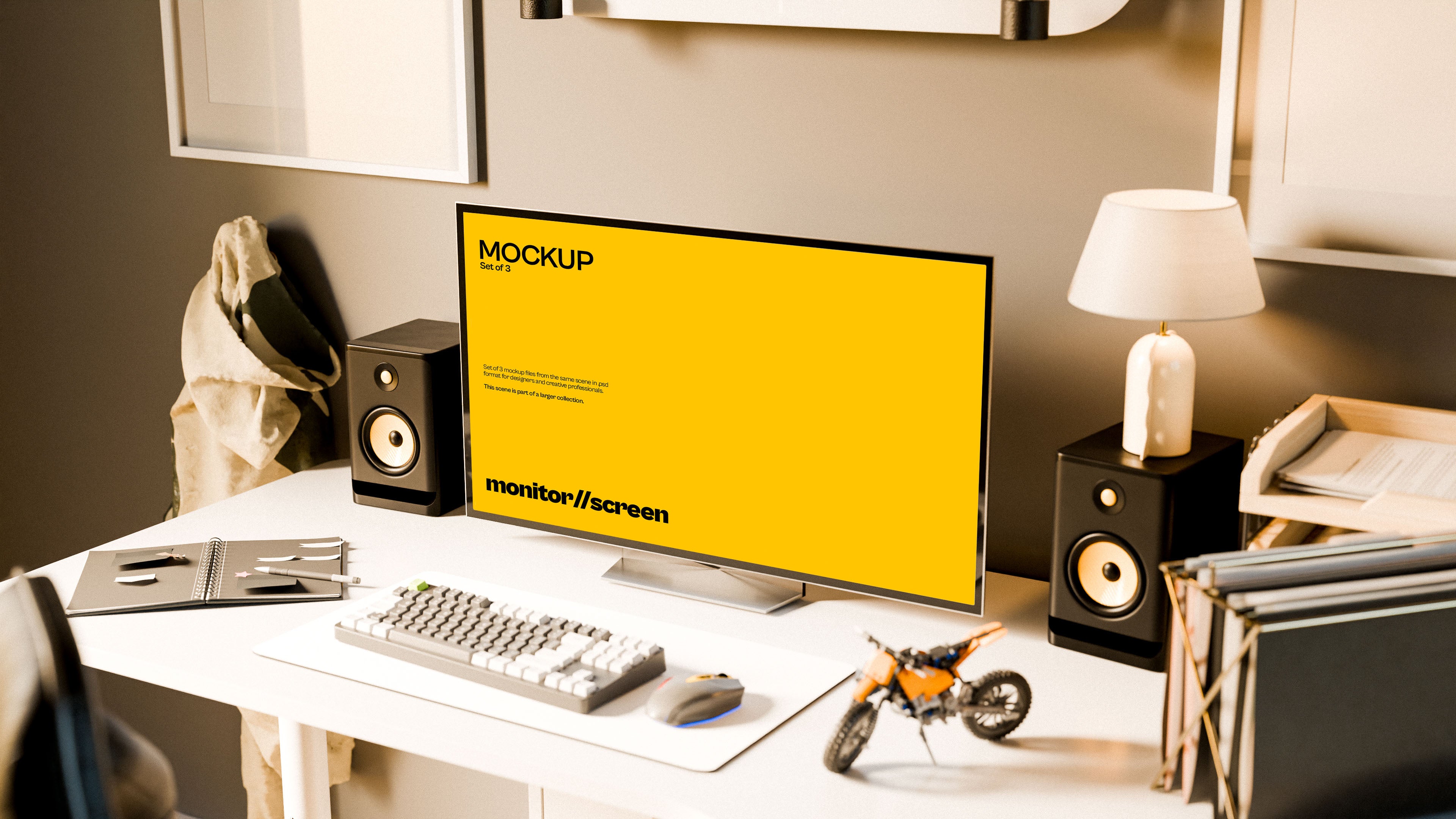 iMac Screen Mockup Bundle – 3 PSDs in Sunlit Coastal Workspace | Waves and Wheels Collection