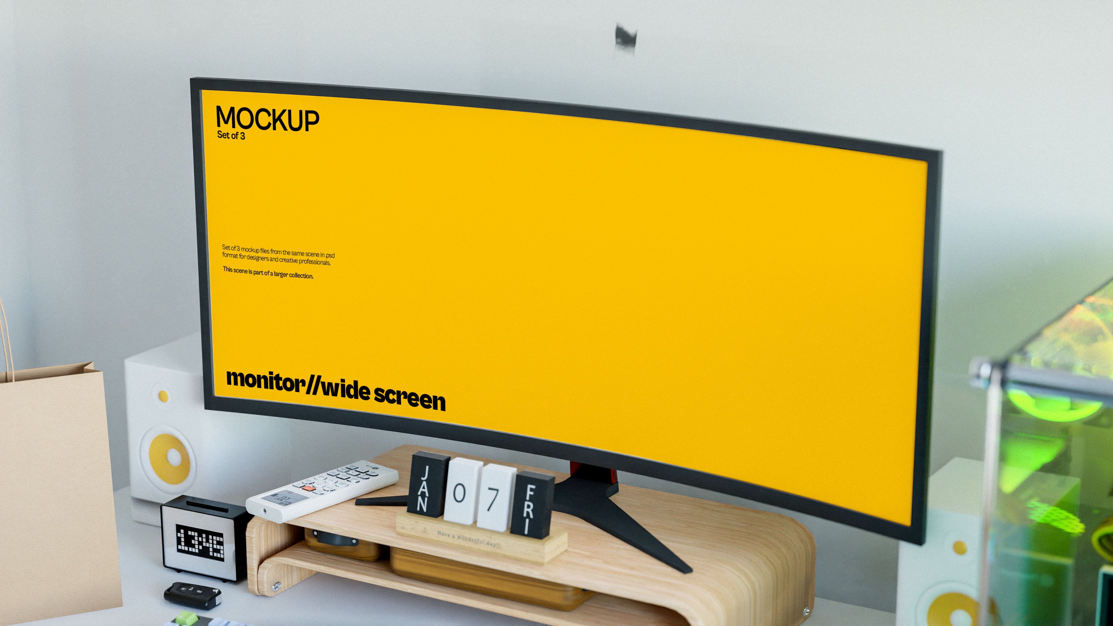 Widescreen Gaming Monitor Mockup Bundle – 3 PSDs in Bright Minimal Scene | Lumen Collection