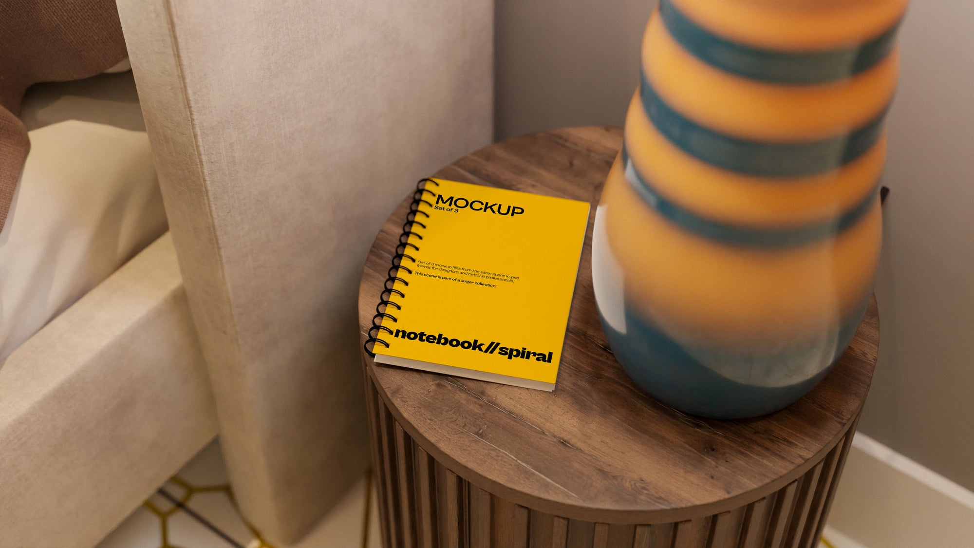 Sublimation Spiral Notebook Mockup Bundle – 3 PSDs in Refined Soft Scene | Seraphic Collection