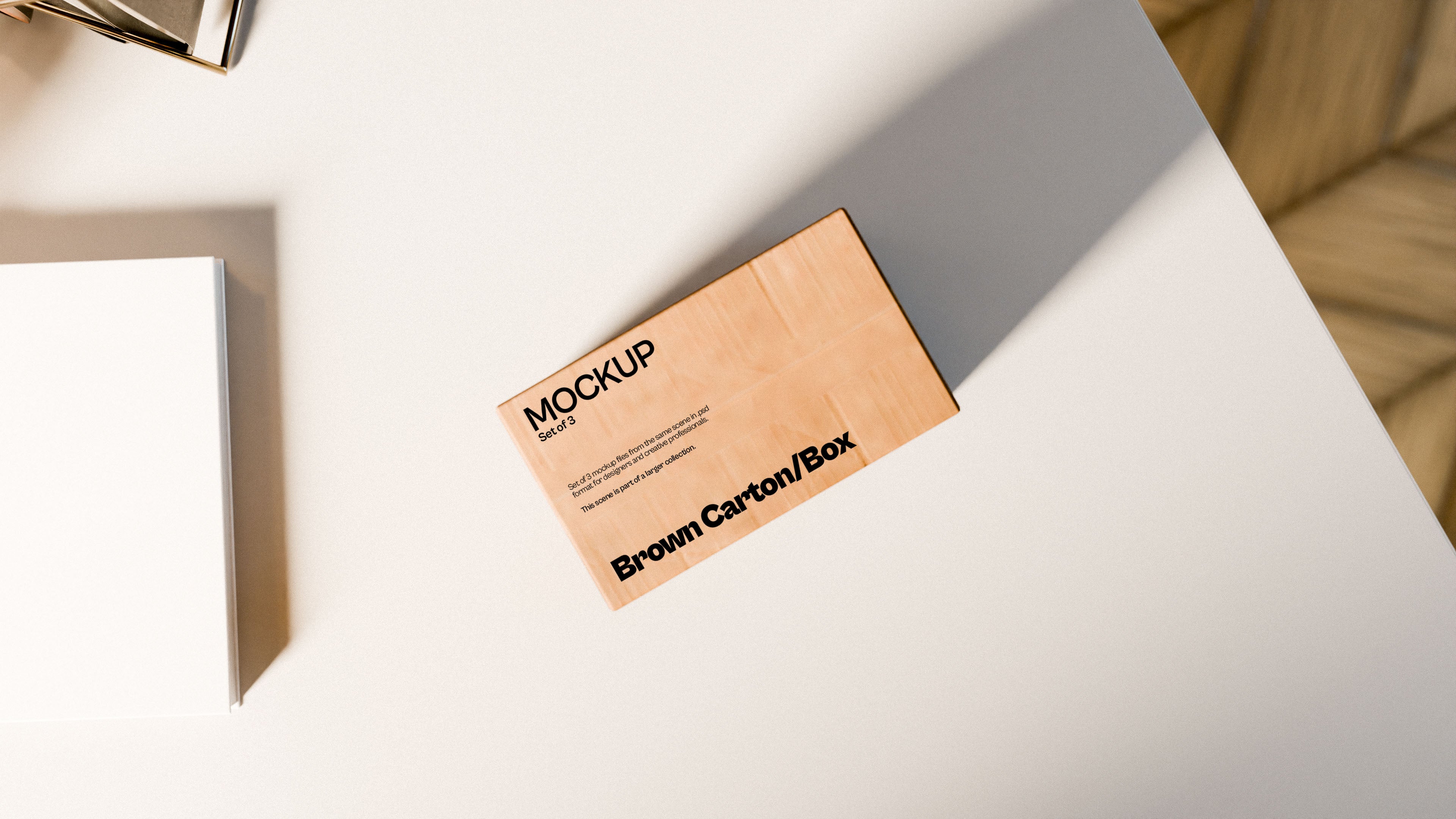 Brown Carton Box Mockup Bundle – 3 PSDs in Casual Desk Scene | Waves and Wheels Collection