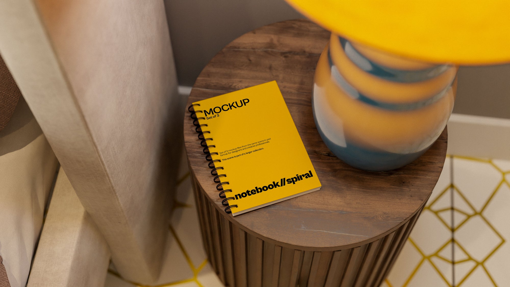 Sublimation Spiral Notebook Mockup Bundle – 3 PSDs in Refined Soft Scene | Seraphic Collection