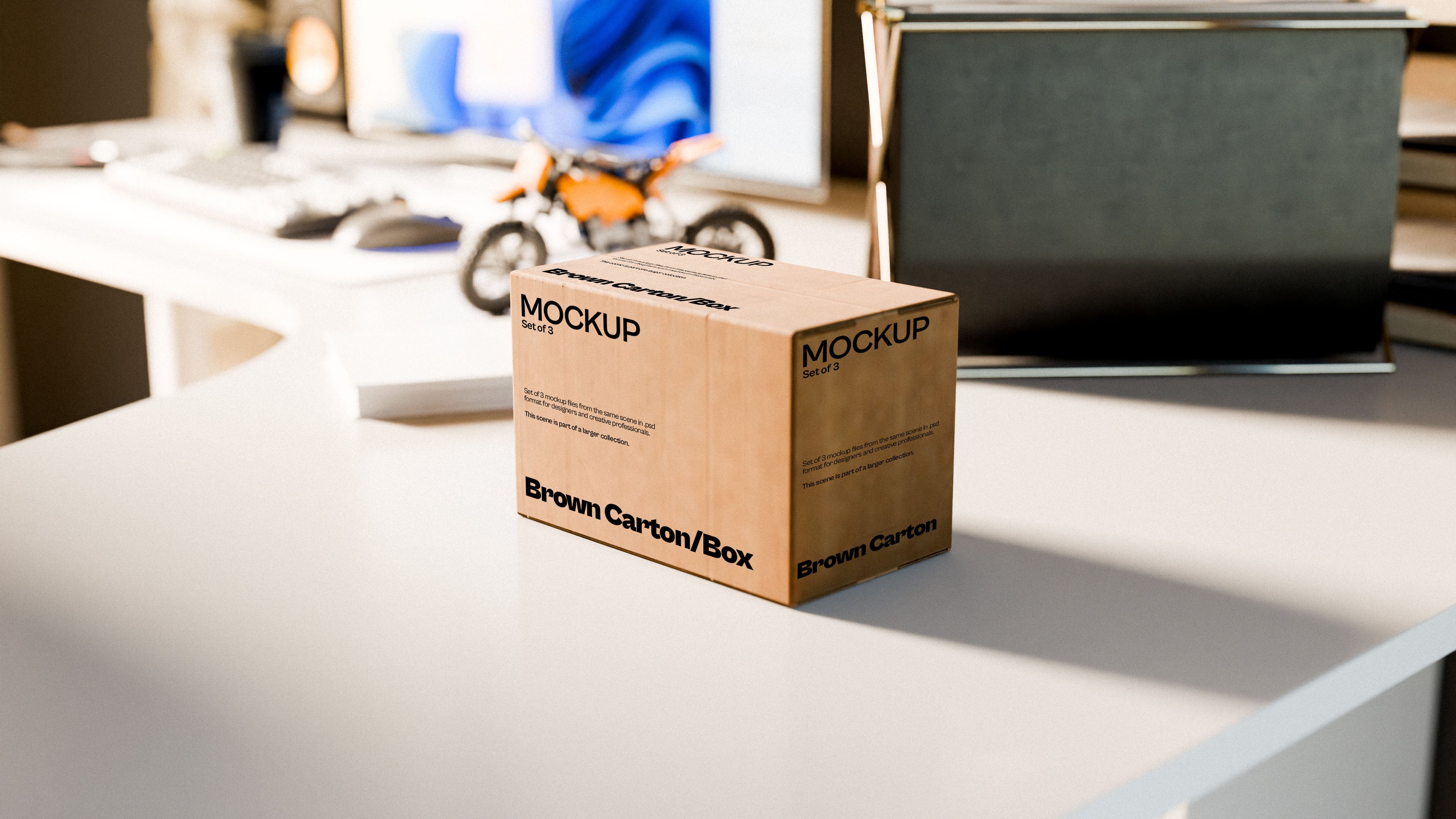 Brown Carton Box Mockup Bundle – 3 PSDs in Casual Desk Scene | Waves and Wheels Collection