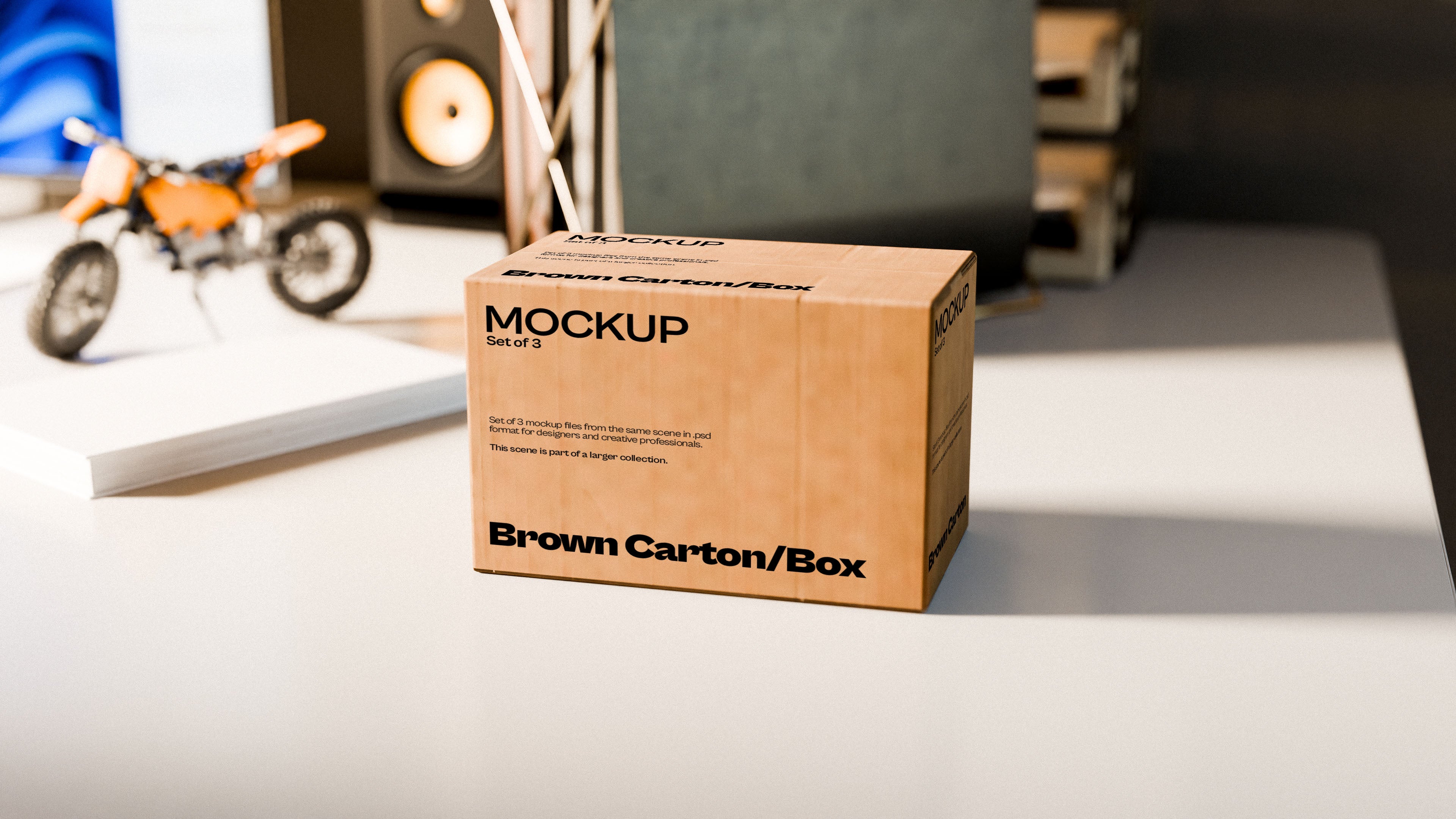 Brown Carton Box Mockup Bundle – 3 PSDs in Casual Desk Scene | Waves and Wheels Collection