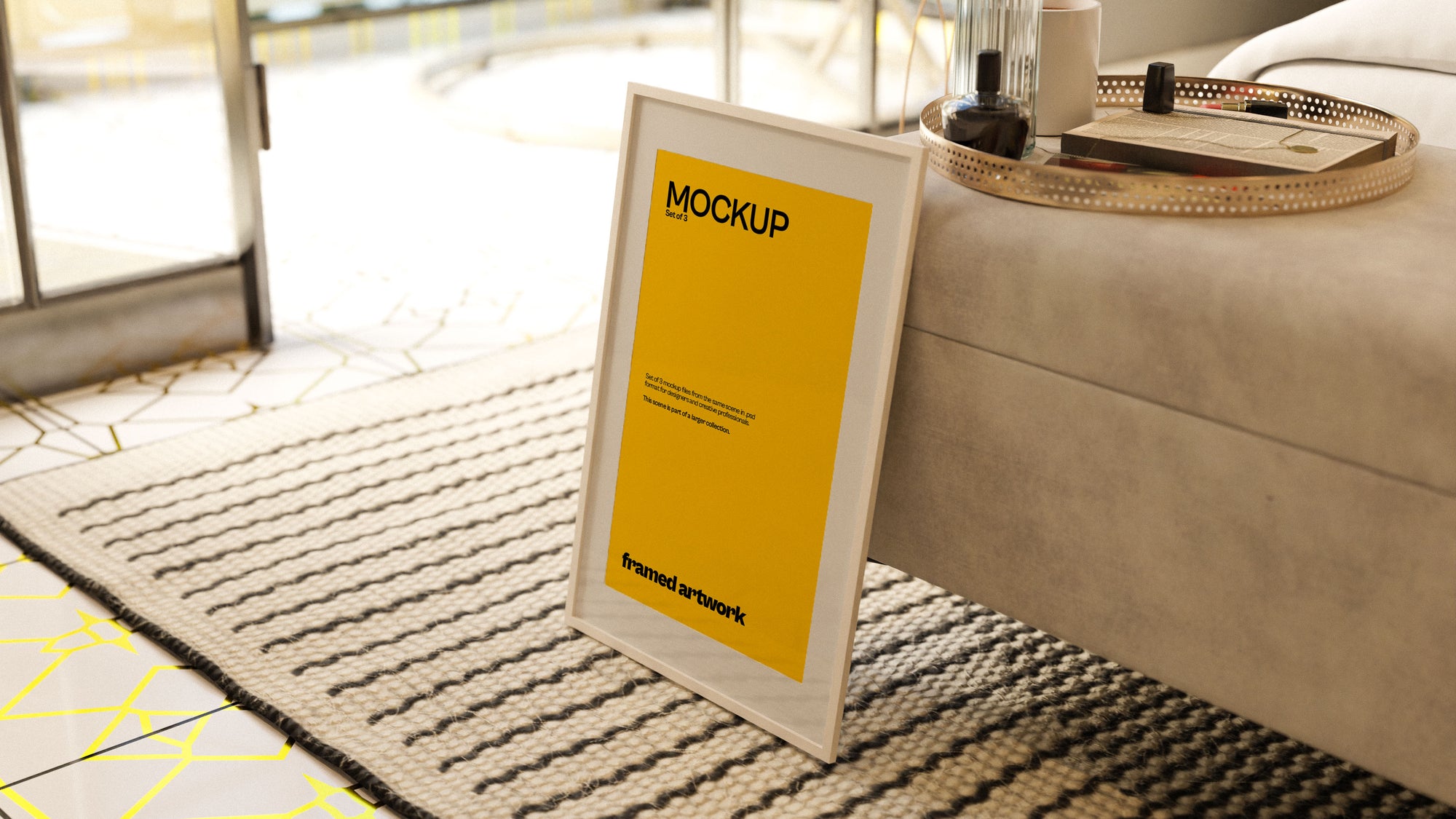 Framed Artwork on Floor Mockup Bundle – 3 PSDs by Bedside | Seraphic Collection