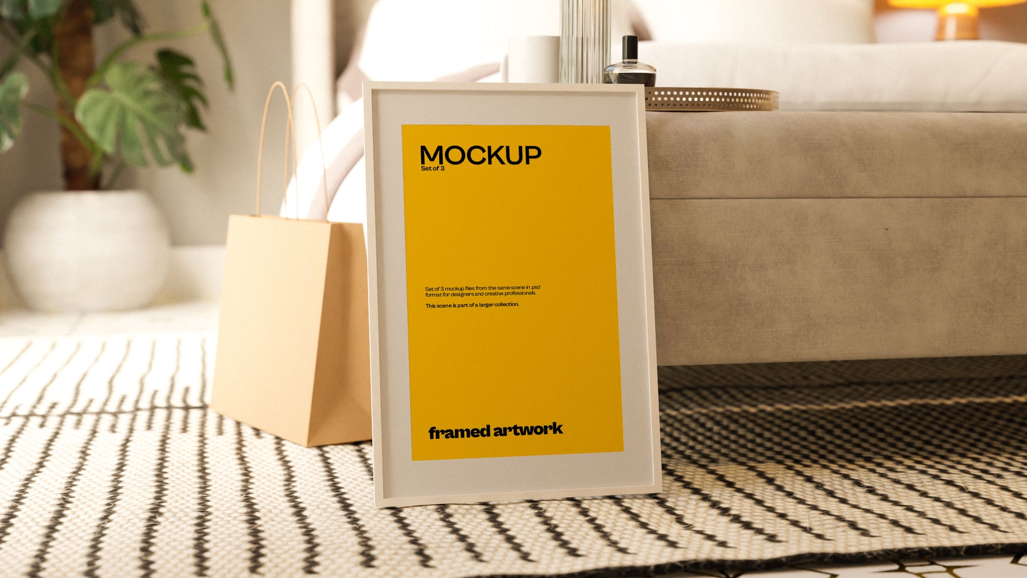 Framed Artwork on Floor Mockup Bundle – 3 PSDs by Bedside | Seraphic Collection