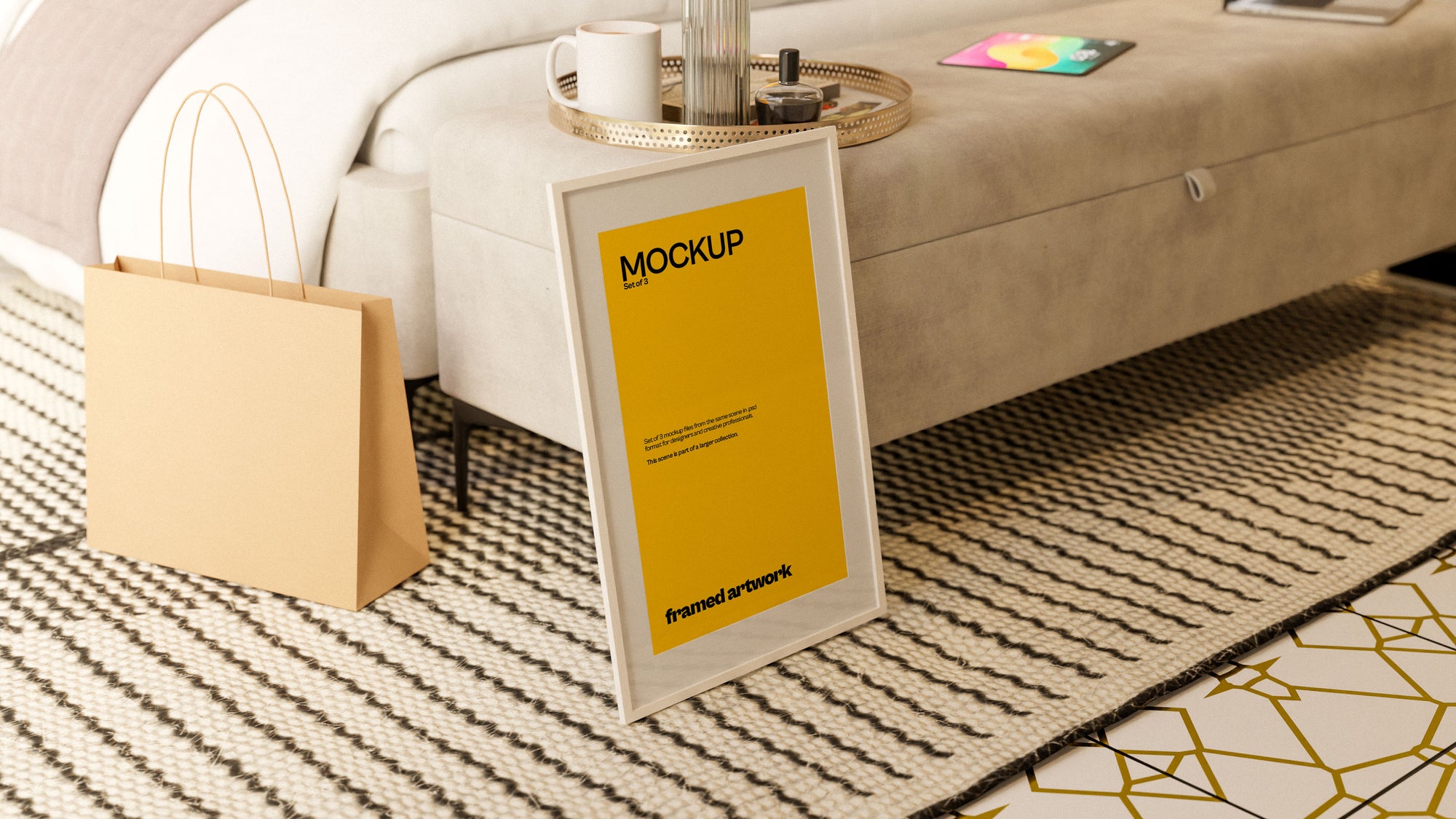 Framed Artwork on Floor Mockup Bundle – 3 PSDs by Bedside | Seraphic Collection