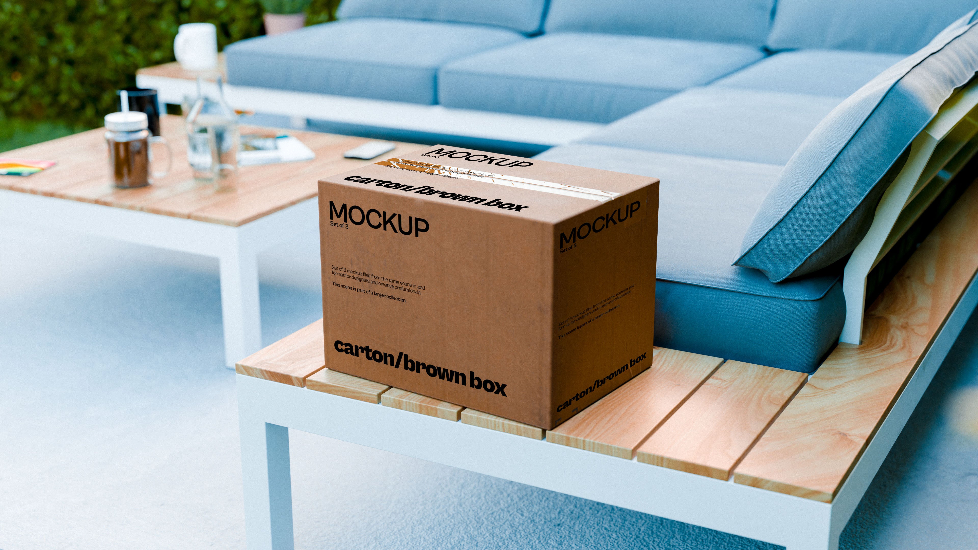 Brown Carton Box Mockup Bundle – 3 PSDs in Soft Minimal Scene | Elysian Collection