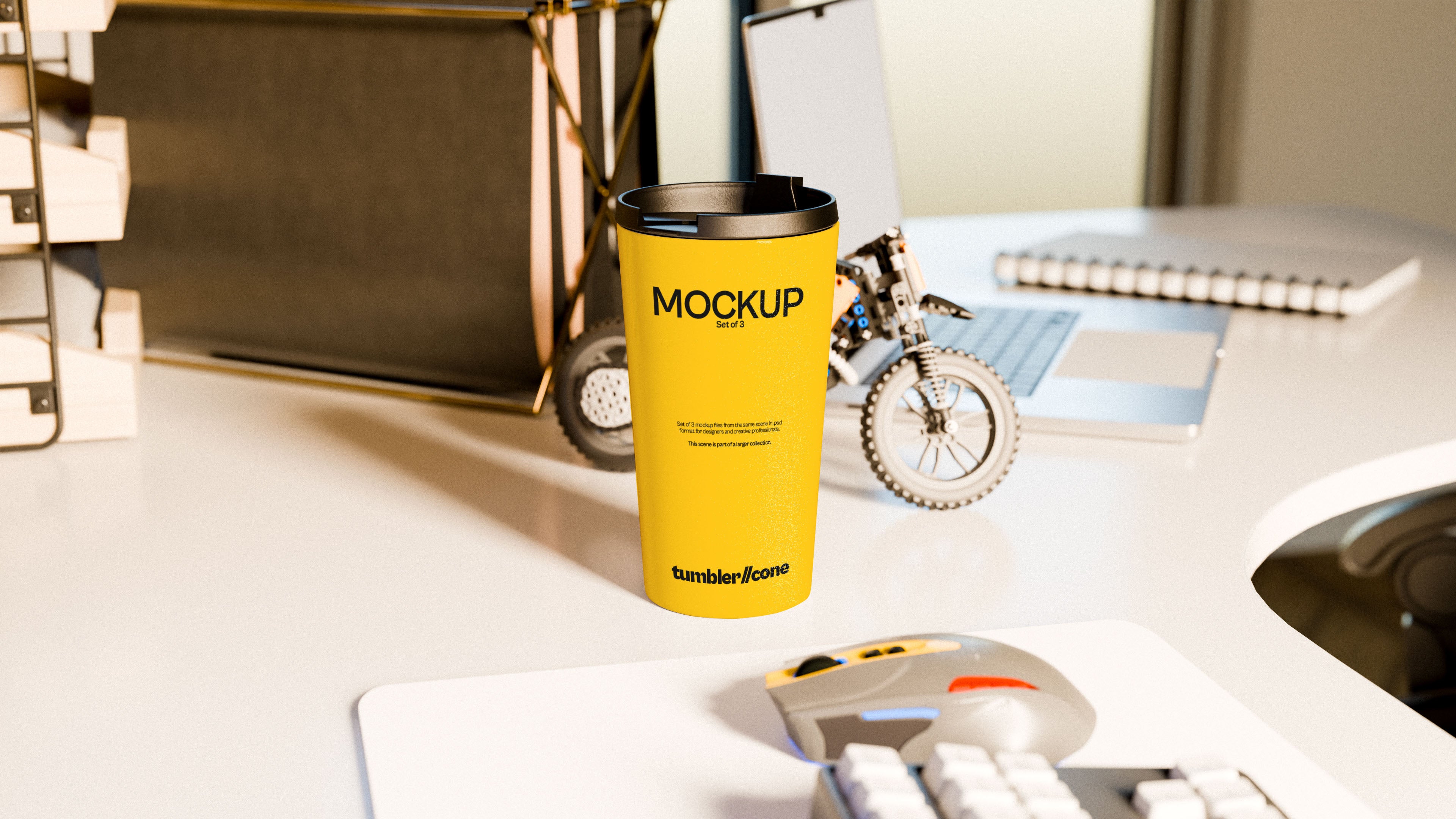 Cone-Shaped White Sublimation Tumbler Mockup Bundle – 3 PSDs | Waves and Wheels Collection