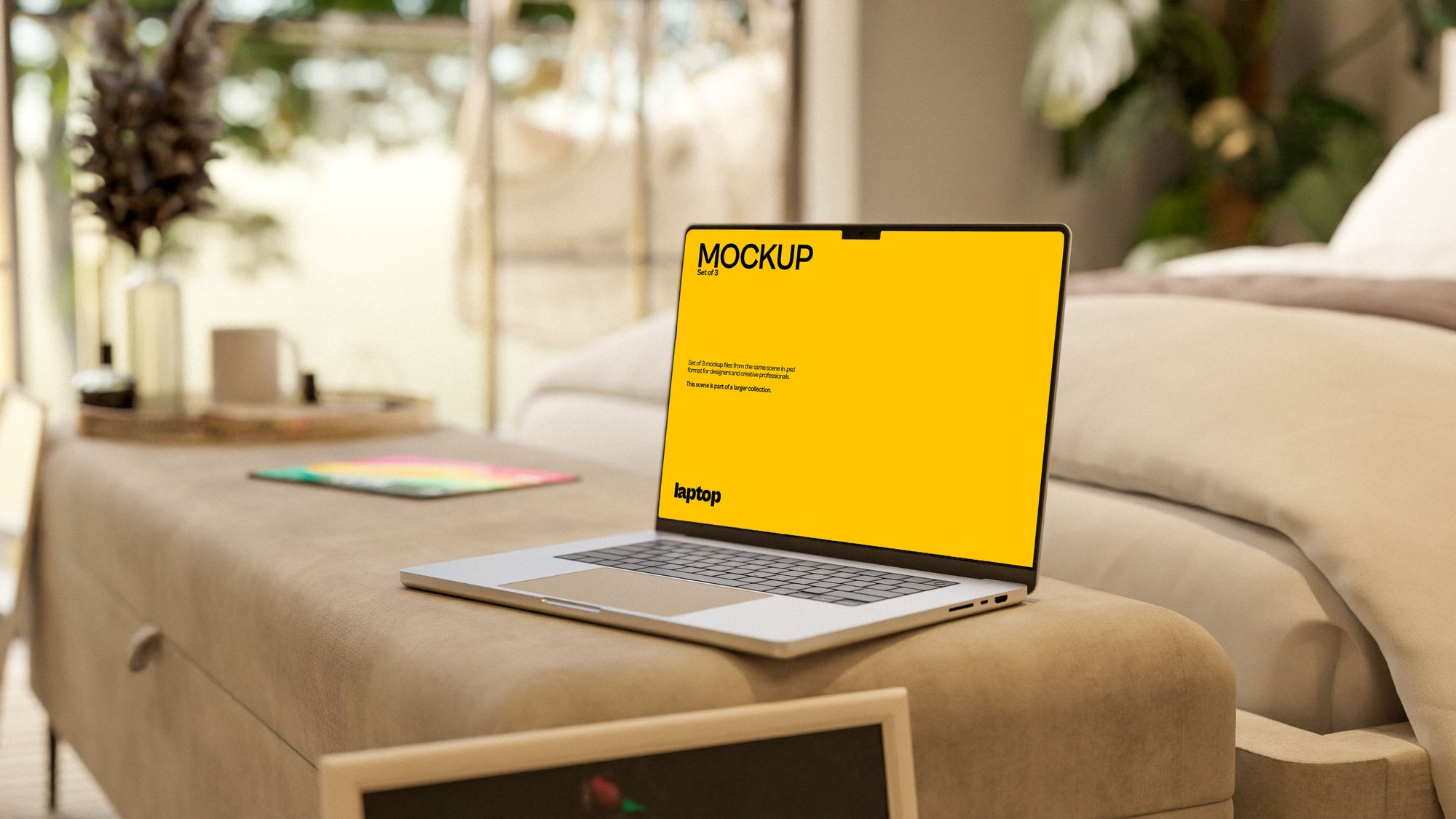 MacBook Screen Mockup Bundle – 3 PSDs in Elegant Minimal Scene | Seraphic Collection