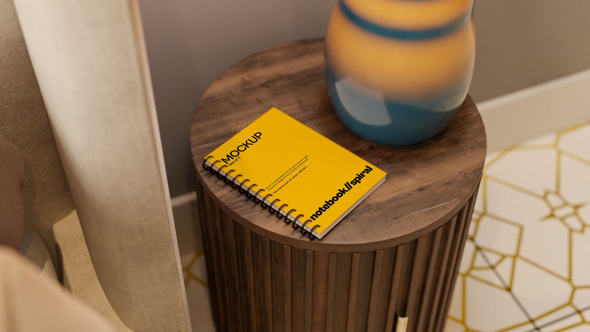 Sublimation Spiral Notebook Mockup Bundle – 3 PSDs in Refined Soft Scene | Seraphic Collection