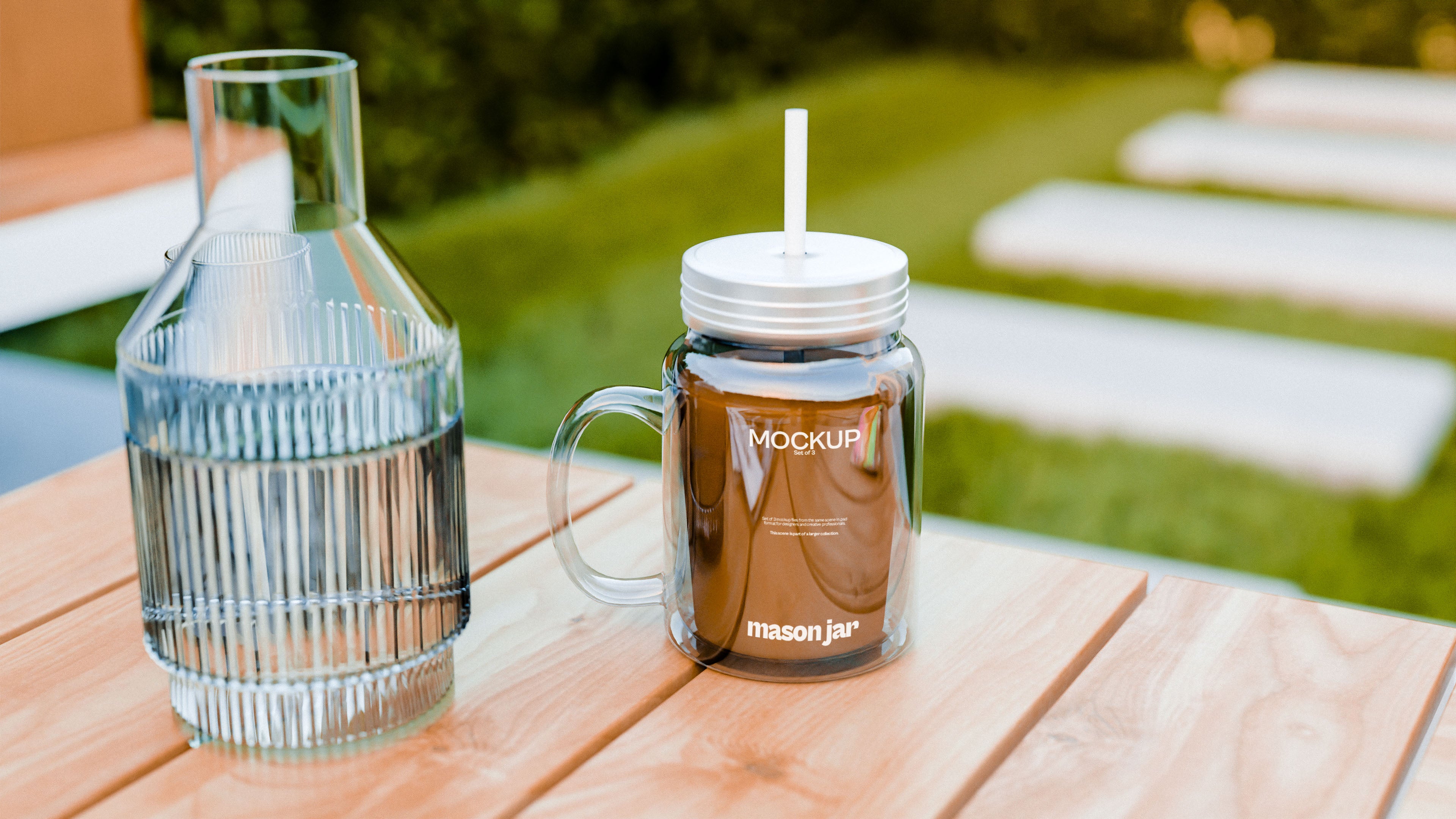 Mason Jar Mockup Bundle – 3 PSDs in Outdoor Scene | Elysian Collection