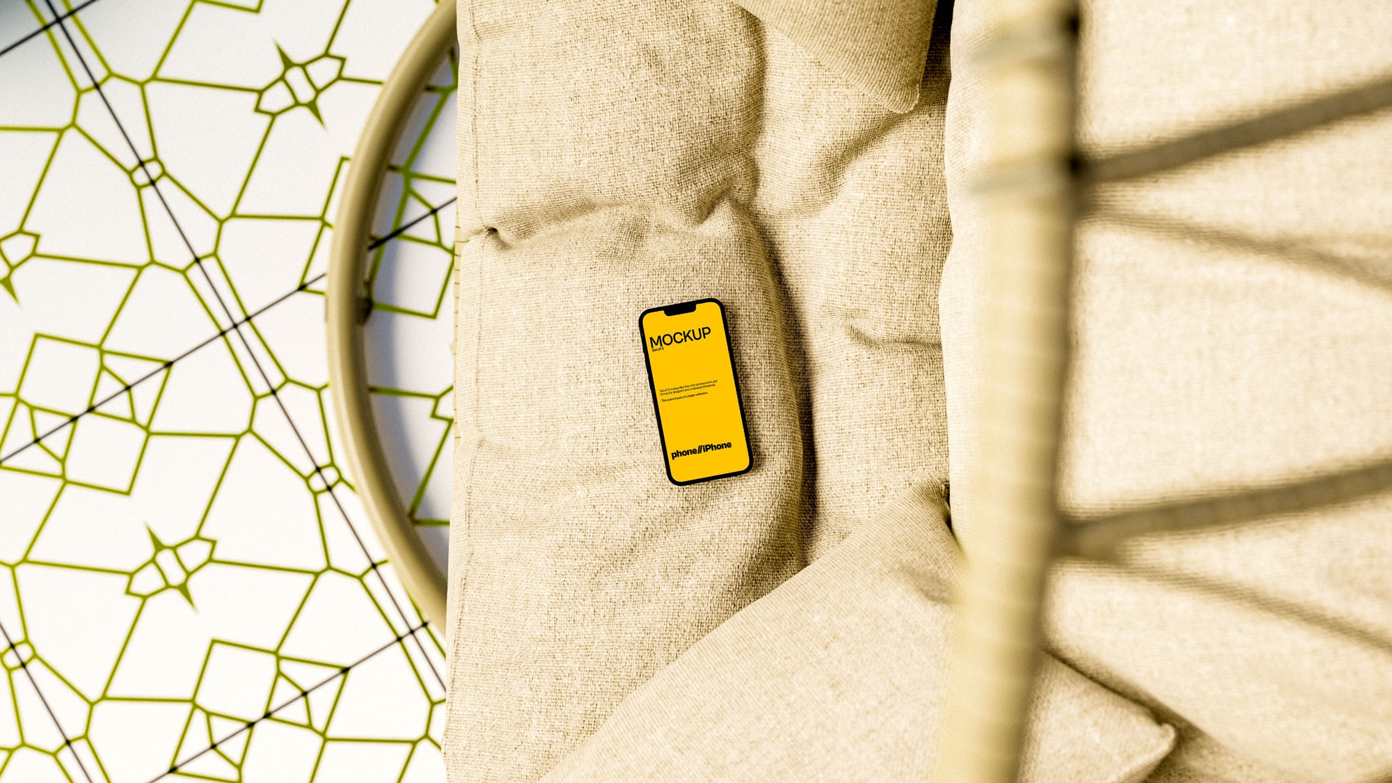 iPhone Screen Mockup Bundle – 3 PSDs on Egg Swing Chair | Seraphic Collection