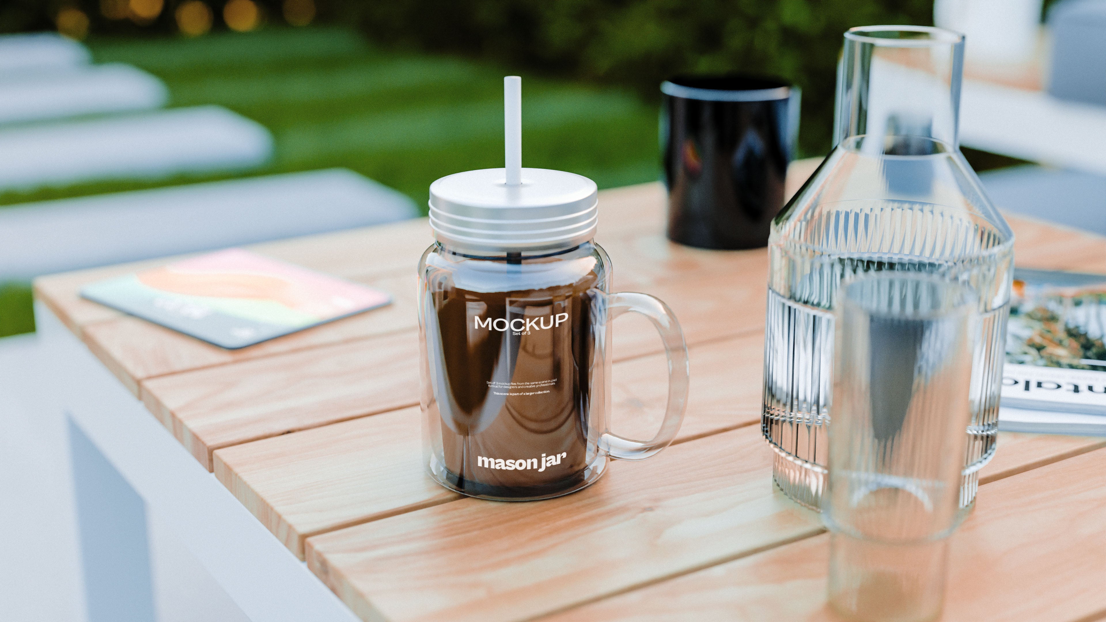 Mason Jar Mockup Bundle – 3 PSDs in Outdoor Scene | Elysian Collection