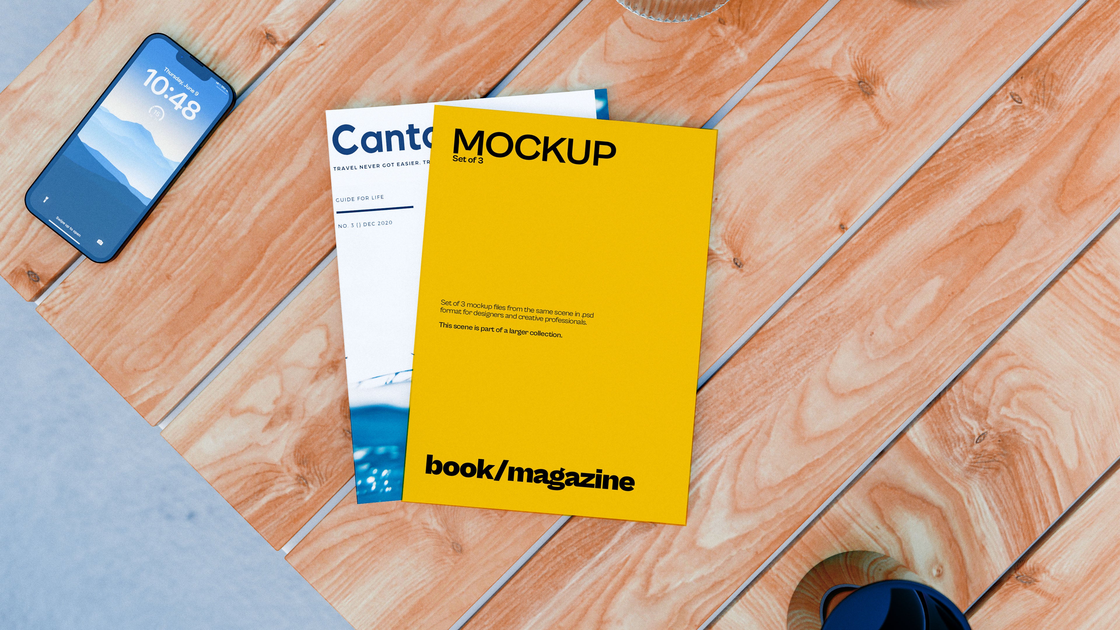 Magazine Mockup Bundle – 3 PSDs on Outdoor Table | Elysian Collection