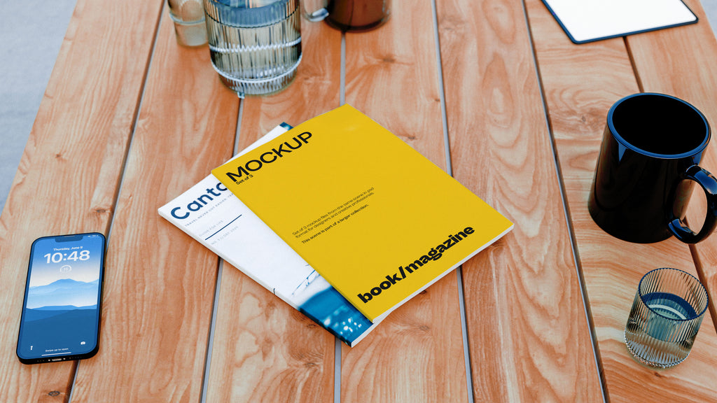 Magazine Mockup Bundle – 3 PSDs on Outdoor Table | Elysian Collection