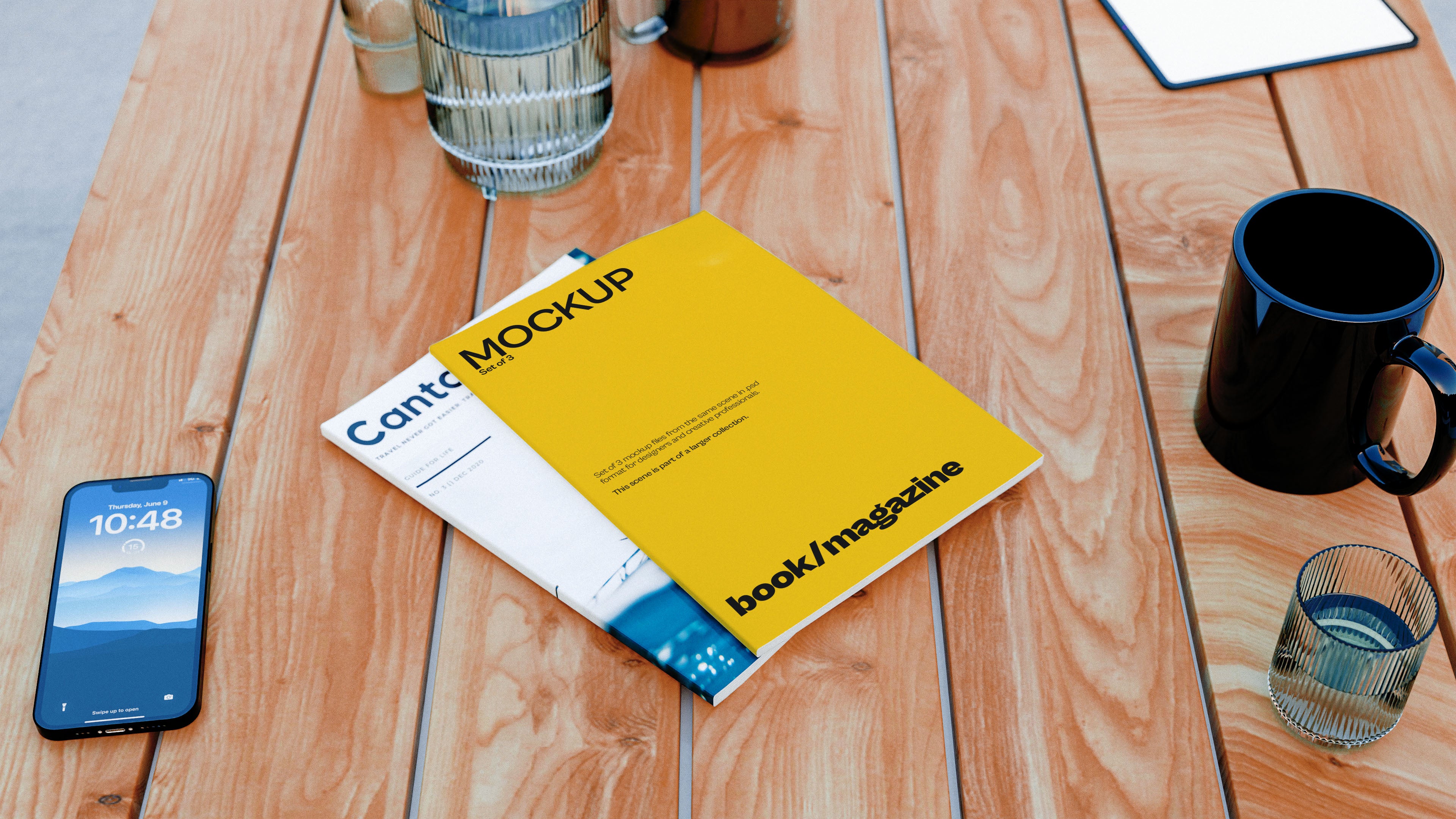 Magazine Mockup Bundle – 3 PSDs on Outdoor Table | Elysian Collection