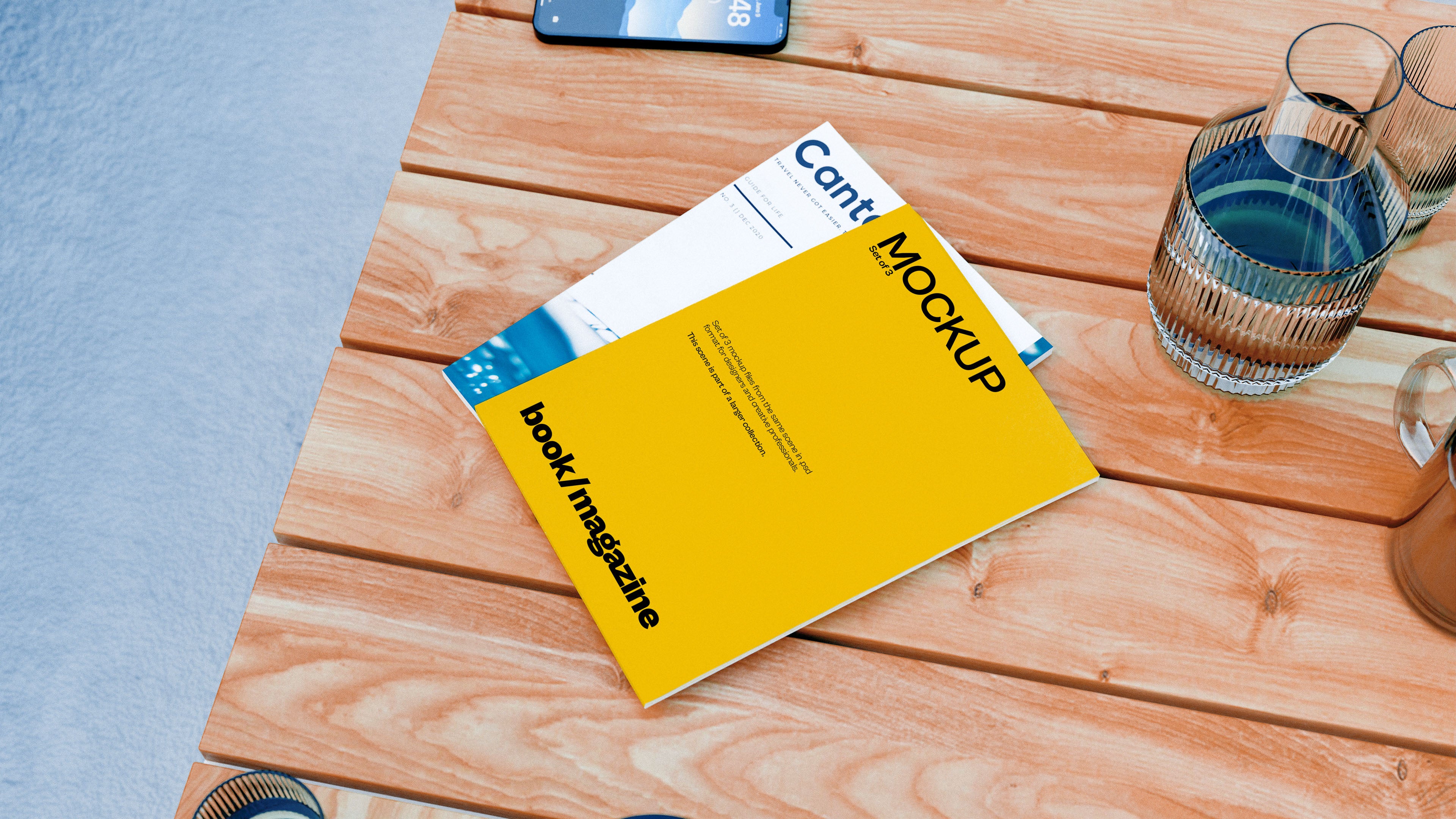 Magazine Mockup Bundle – 3 PSDs on Outdoor Table | Elysian Collection