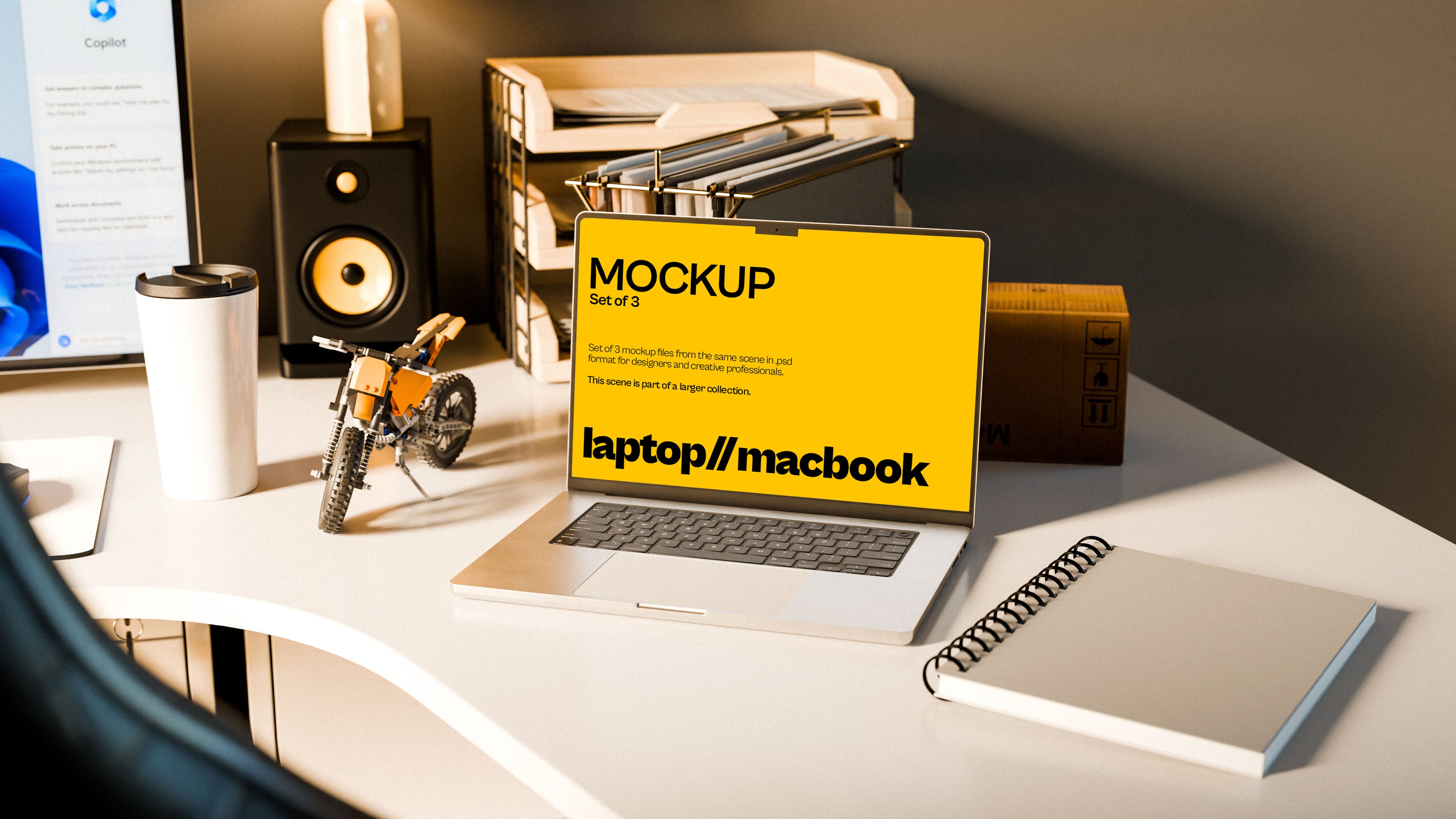 MacBook Screen Mockup Bundle – 3 PSDs in Coastal-Inspired Workspace | Waves and Wheels Collection