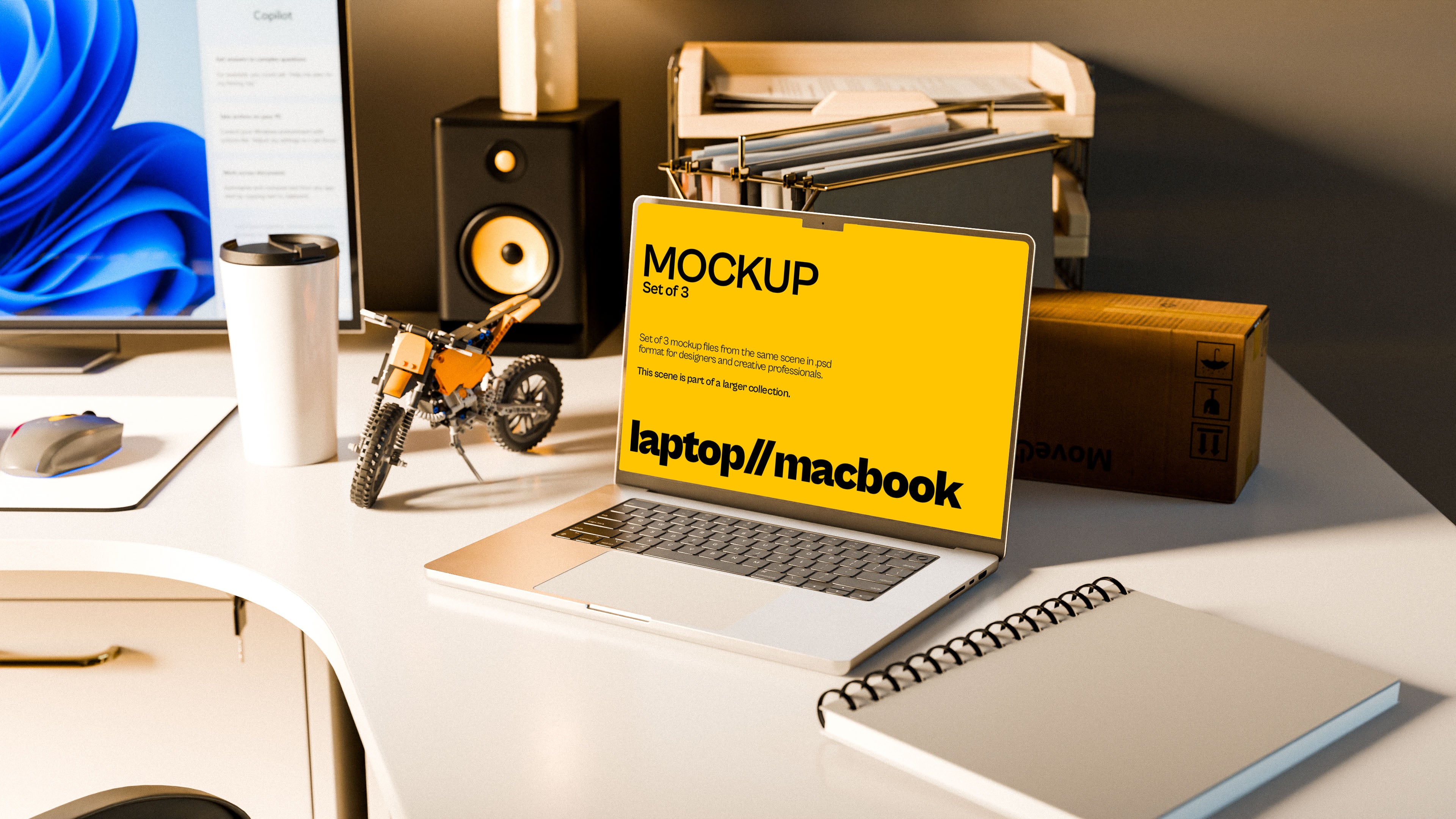 MacBook Screen Mockup Bundle – 3 PSDs in Coastal-Inspired Workspace | Waves and Wheels Collection