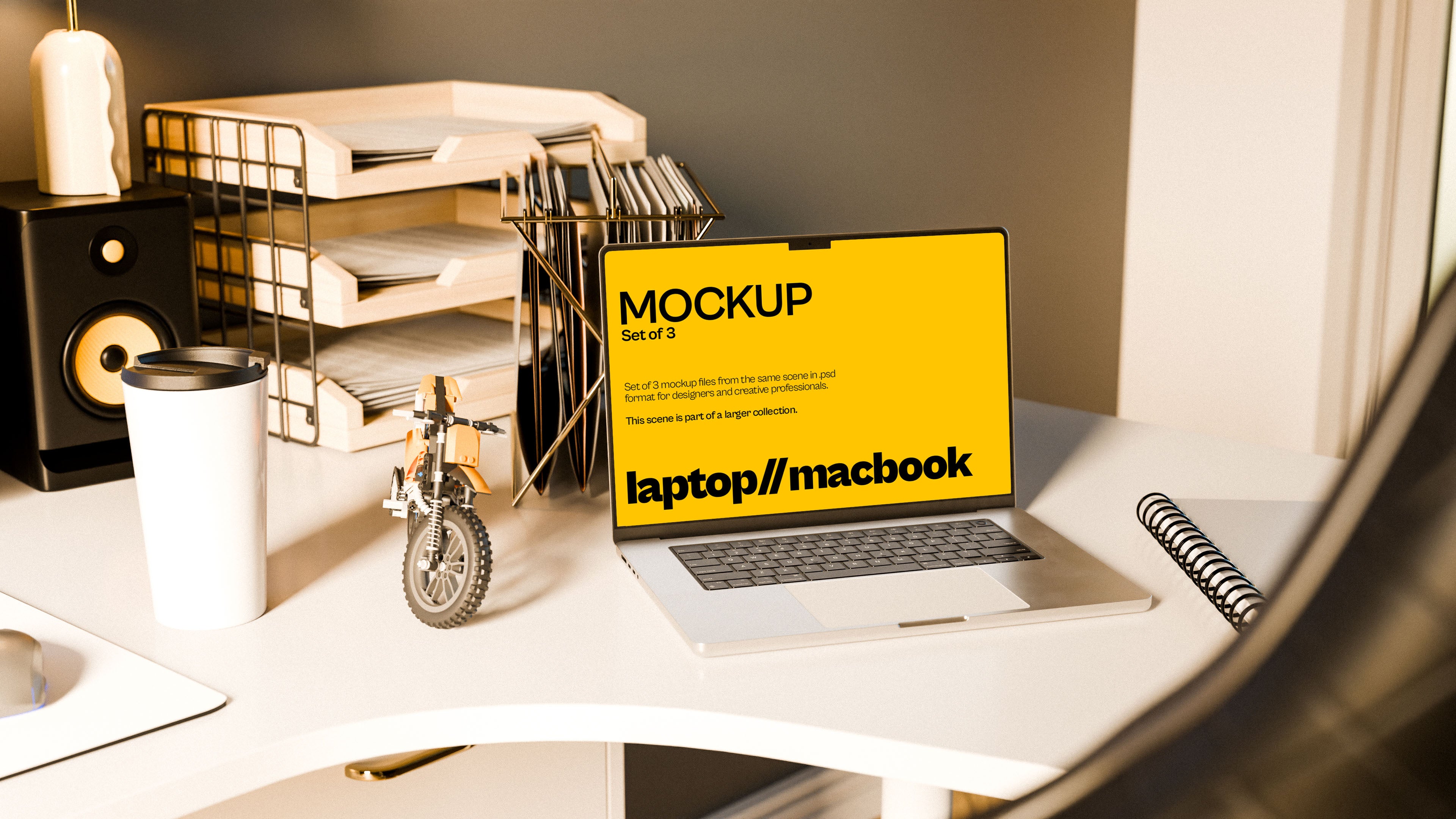 MacBook Screen Mockup Bundle – 3 PSDs in Coastal-Inspired Workspace | Waves and Wheels Collection
