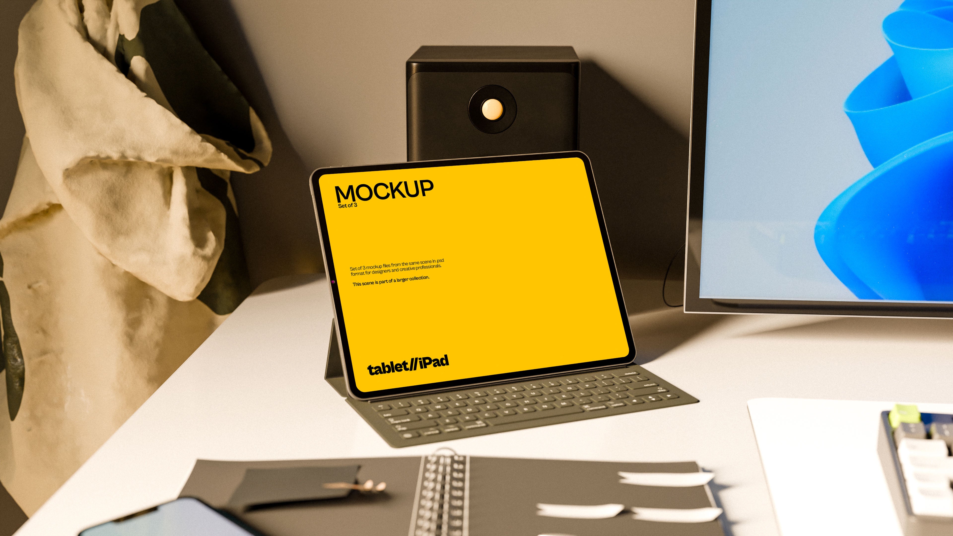 iPad Screen Mockup Bundle – 3 PSDs in Sunlit Coastal Workspace | Waves and Wheels Collection