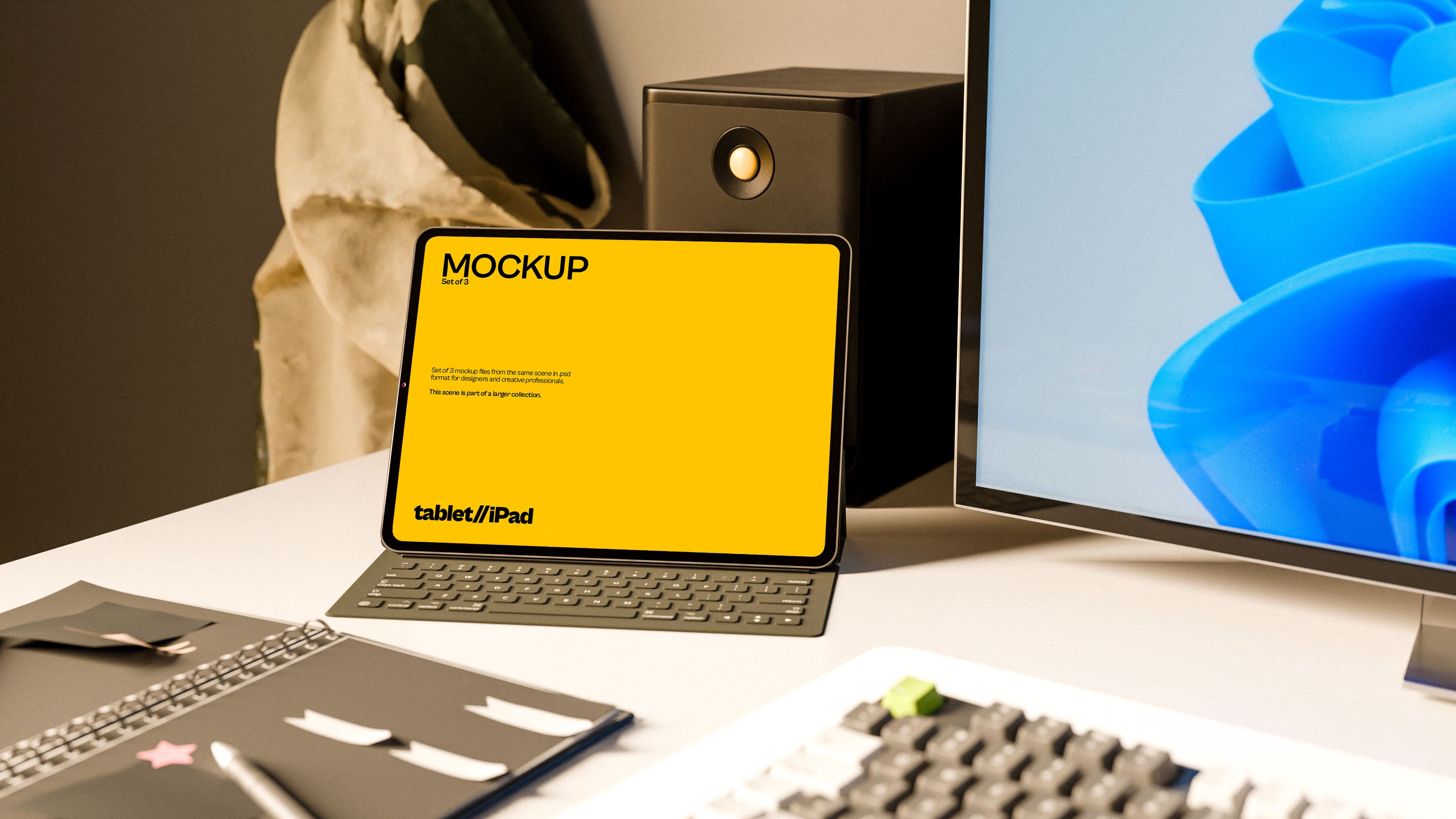 iPad Screen Mockup Bundle – 3 PSDs in Sunlit Coastal Workspace | Waves and Wheels Collection
