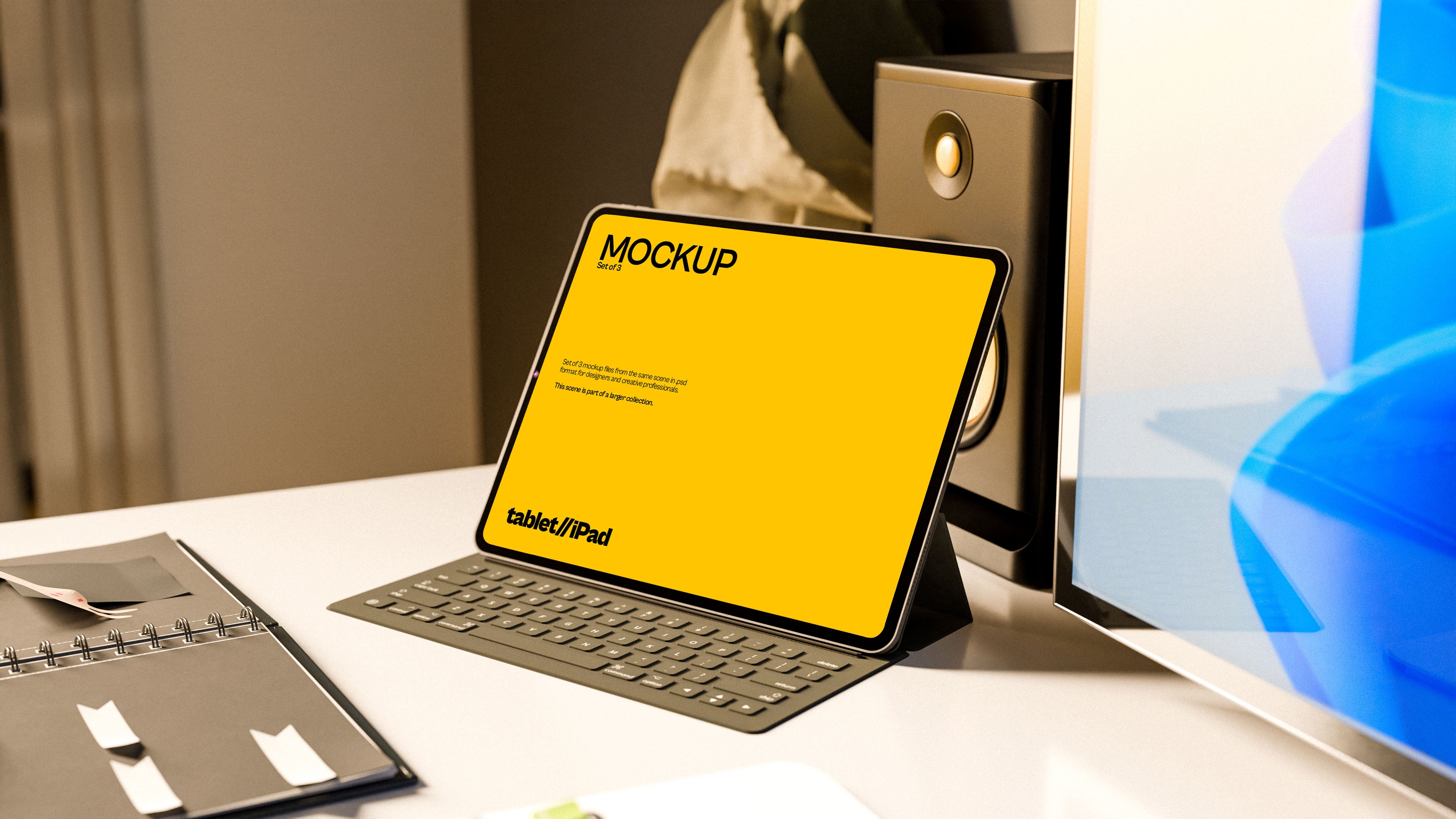 iPad Screen Mockup Bundle – 3 PSDs in Sunlit Coastal Workspace | Waves and Wheels Collection