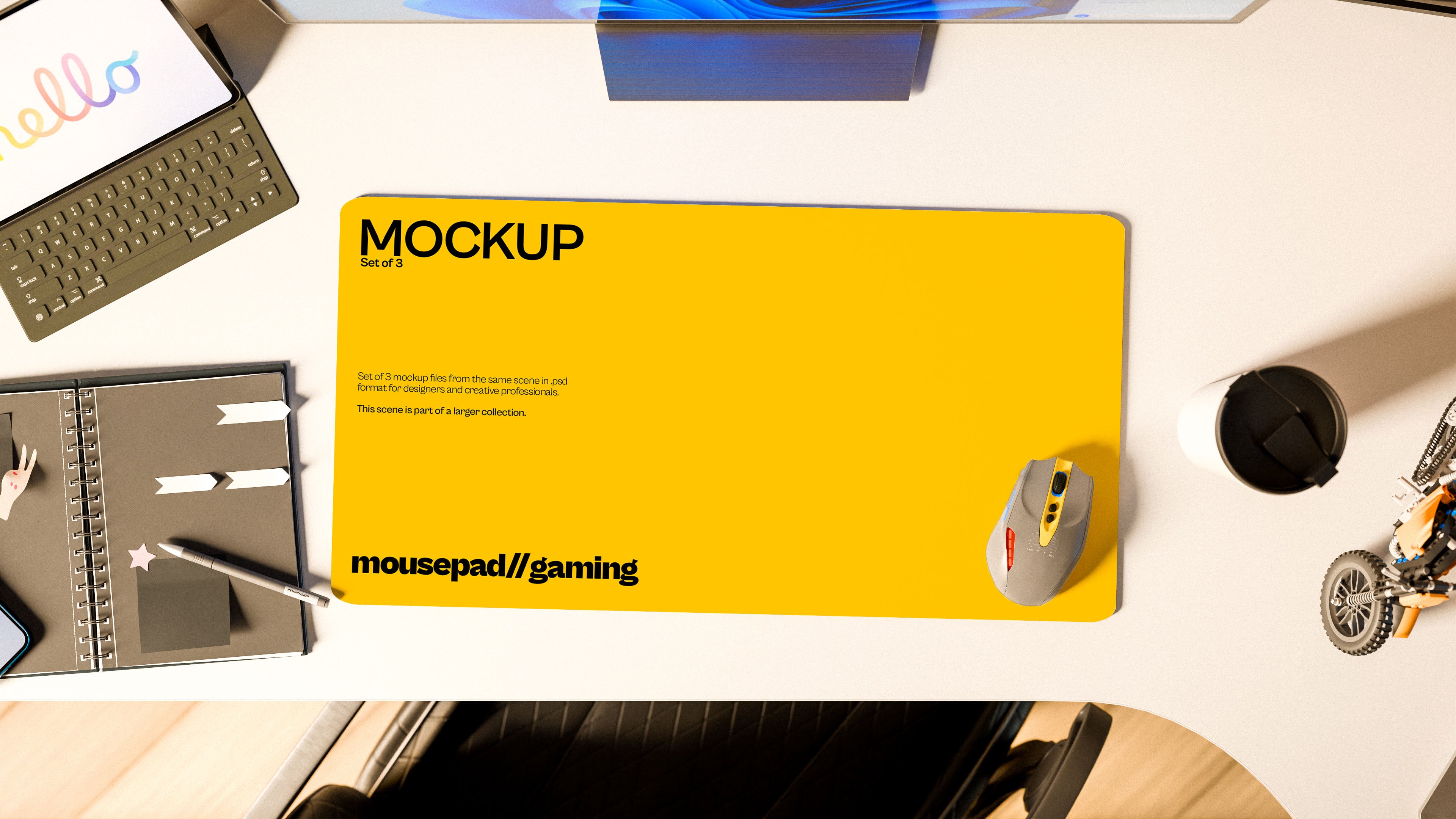 Long Gaming Mousepad Mockup Bundle – 3 PSDs in Relaxed Workspace | Waves and Wheels Collection