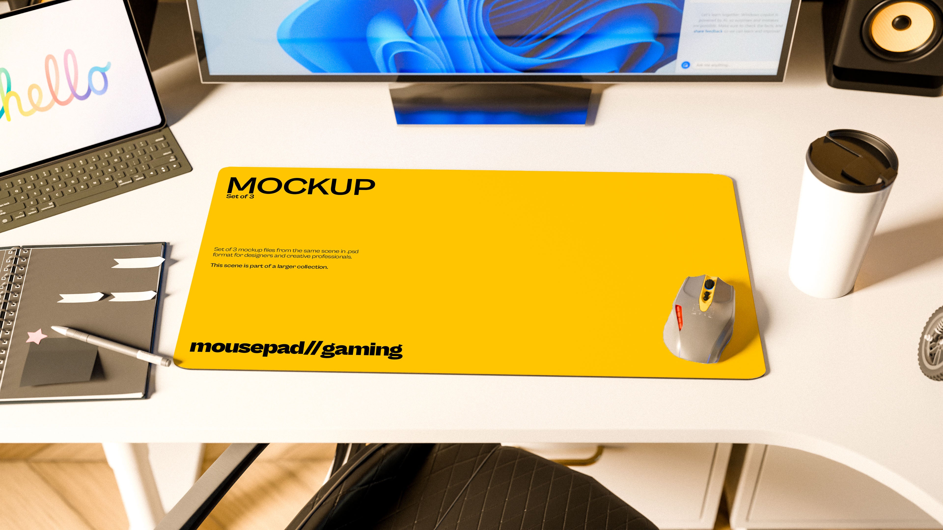 Long Gaming Mousepad Mockup Bundle – 3 PSDs in Relaxed Workspace | Waves and Wheels Collection