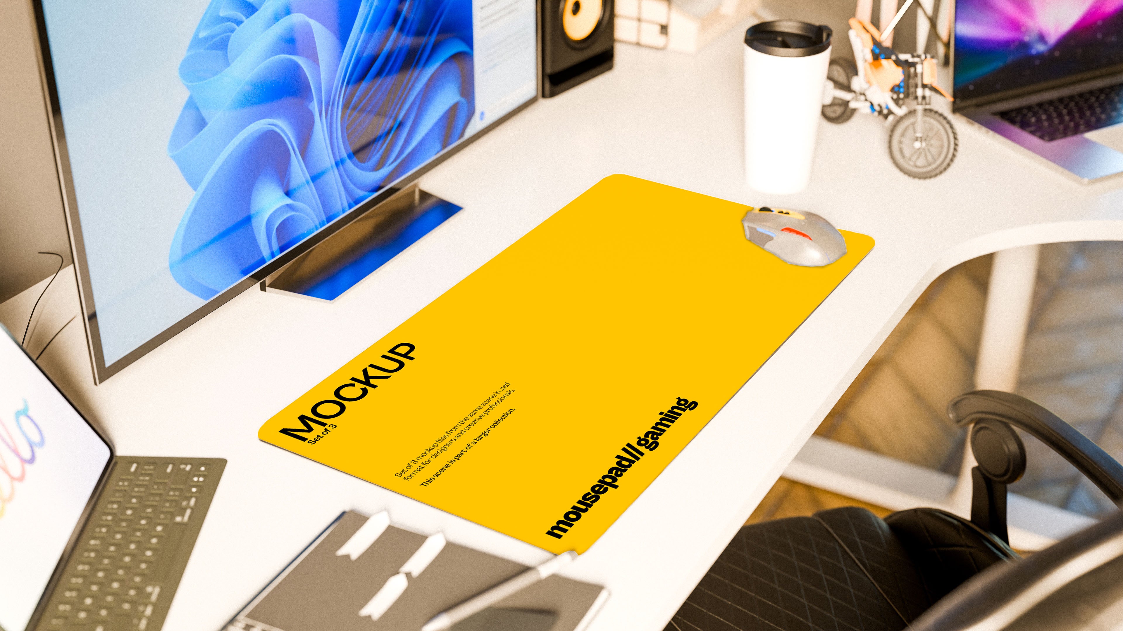 Long Gaming Mousepad Mockup Bundle – 3 PSDs in Relaxed Workspace | Waves and Wheels Collection