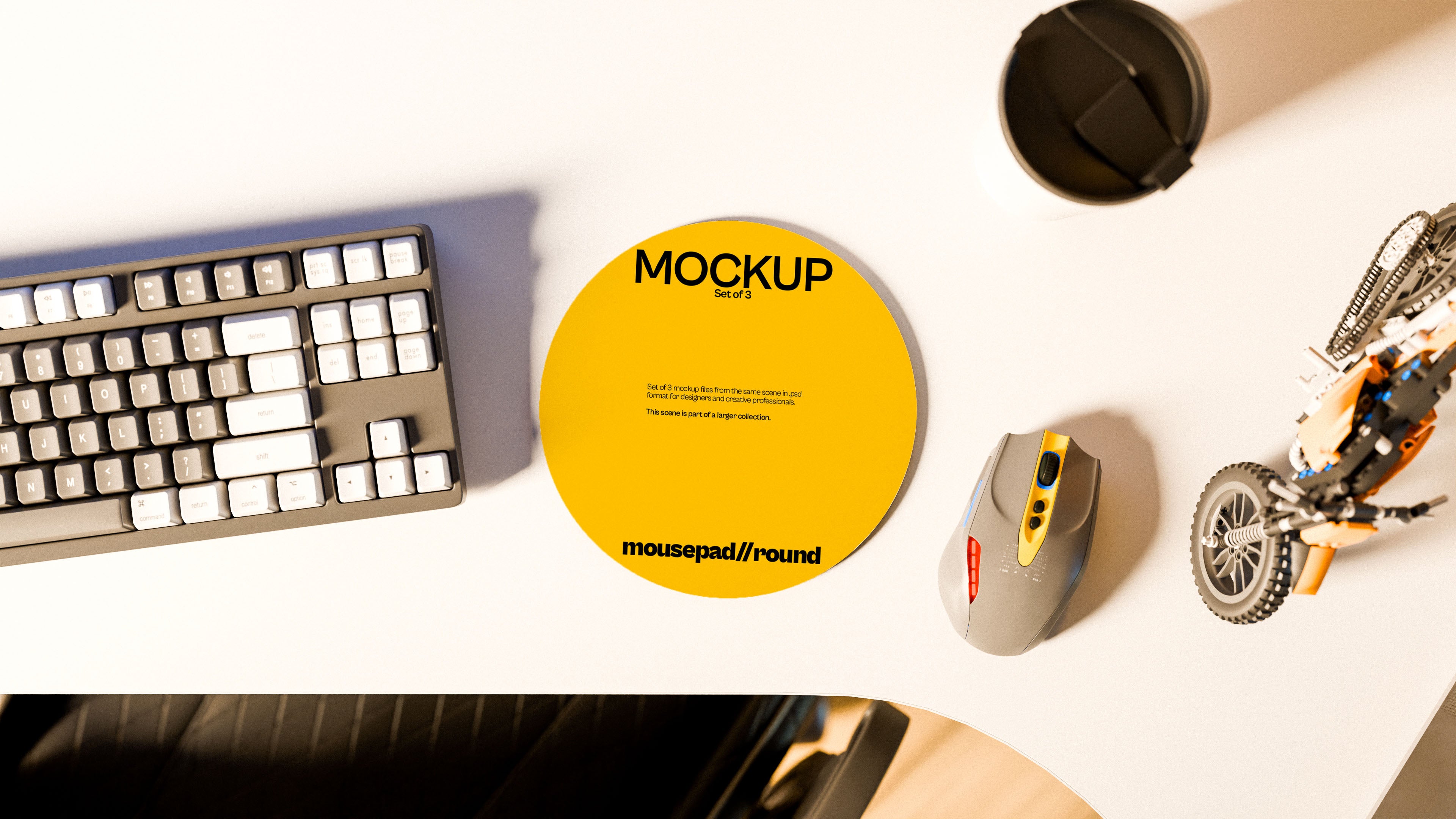 Round Mousepad Mockup Bundle – 3 PSDs in Sunlit Desk Scene | Waves and Wheels Collection