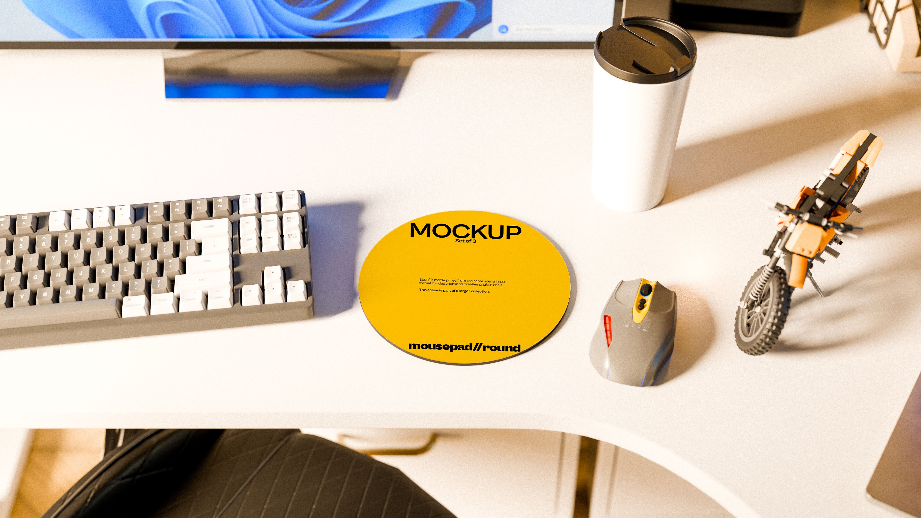 Round Mousepad Mockup Bundle – 3 PSDs in Sunlit Desk Scene | Waves and Wheels Collection