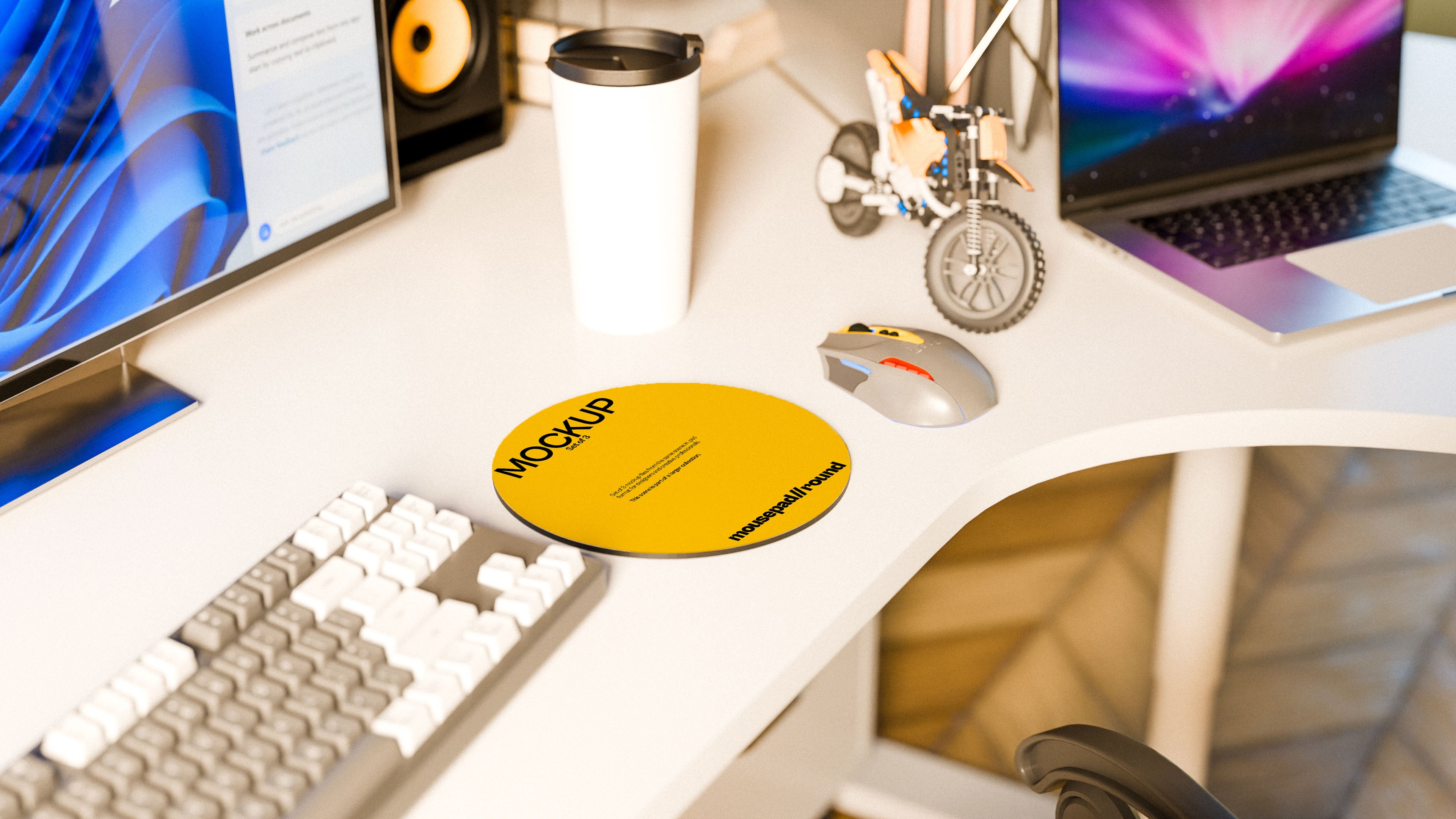 Round Mousepad Mockup Bundle – 3 PSDs in Sunlit Desk Scene | Waves and Wheels Collection