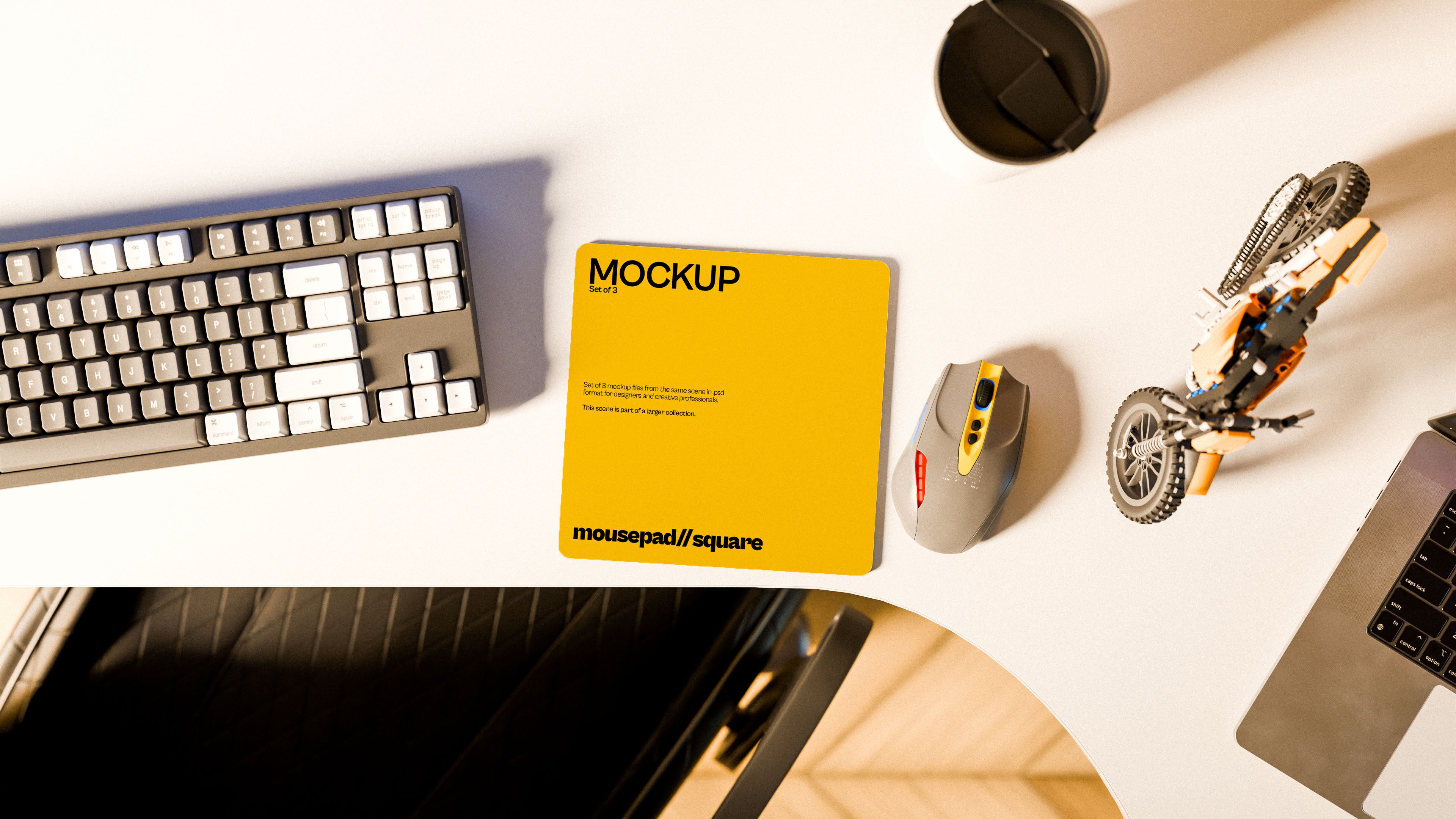 Square Mousepad Mockup Bundle – 3 PSDs in Coastal Workspace | Waves and Wheels Collection