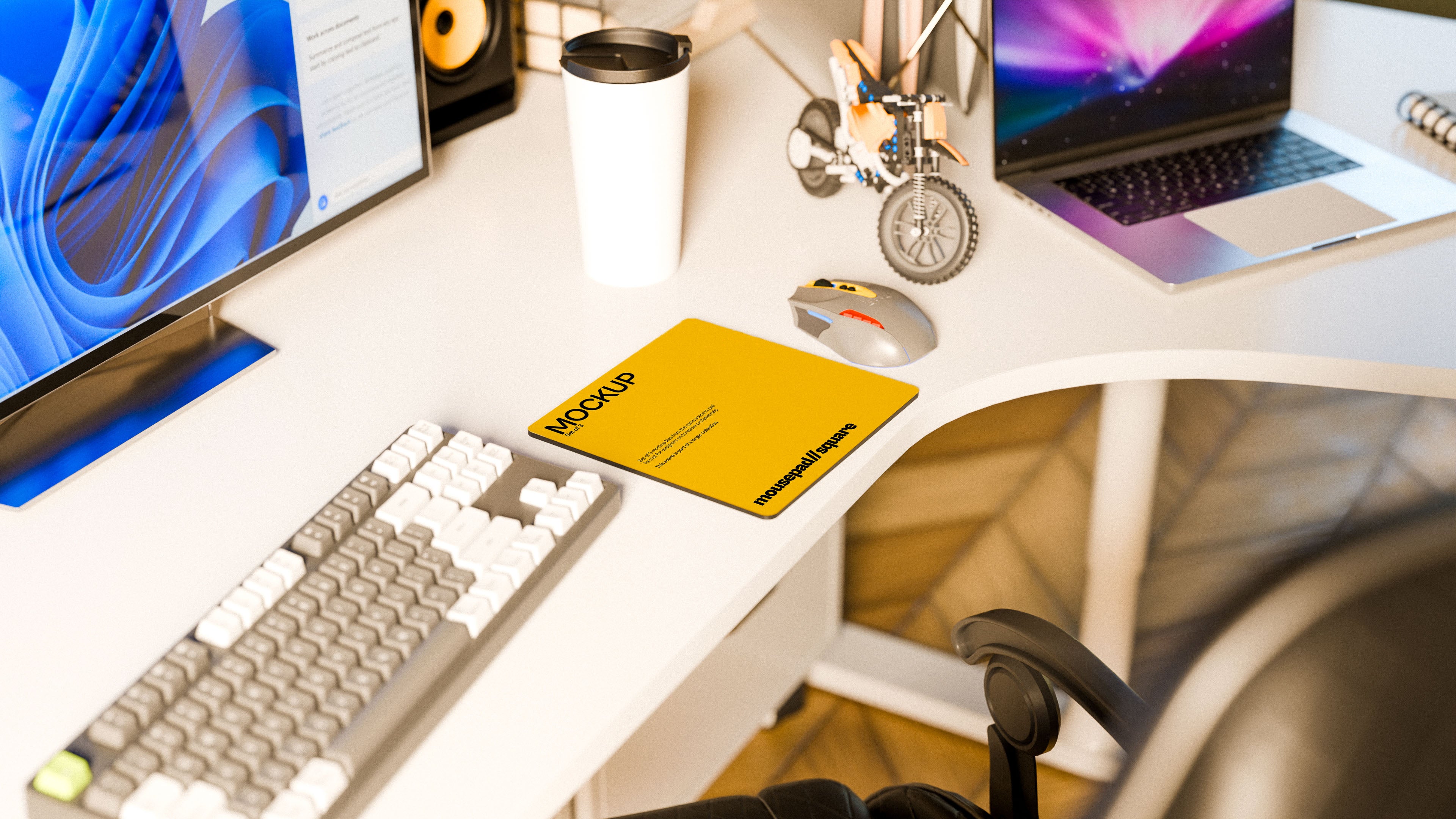 Square Mousepad Mockup Bundle – 3 PSDs in Coastal Workspace | Waves and Wheels Collection
